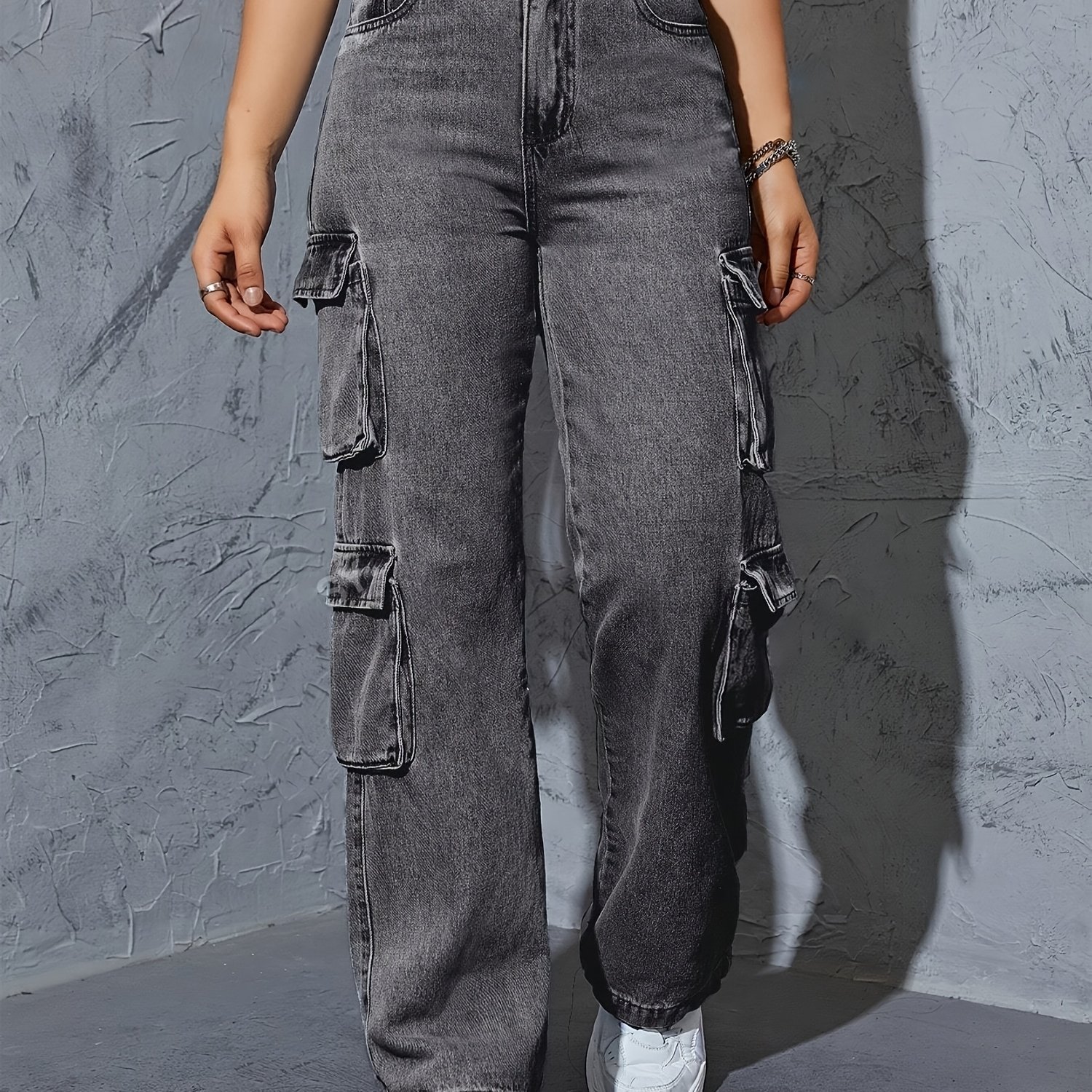 Image of Women's Multi-pocket Cargo Wide Leg Jeans, Dark Gray Washed Straight Leg Denim Jeans, High Stretchy Loose Version, Women's Denim Jeans & Clothing