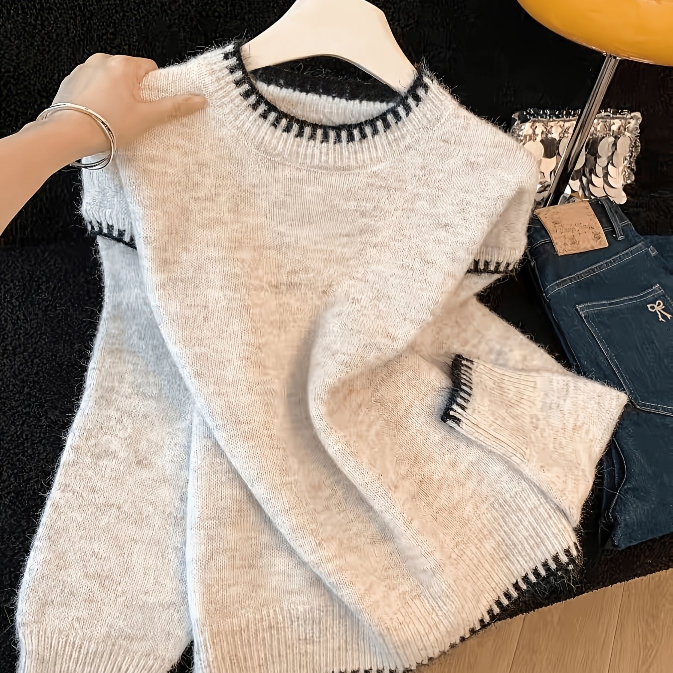 TEMU Haut pull décontracté simple en à de couleur pour femme, polyvalent pour /hiver