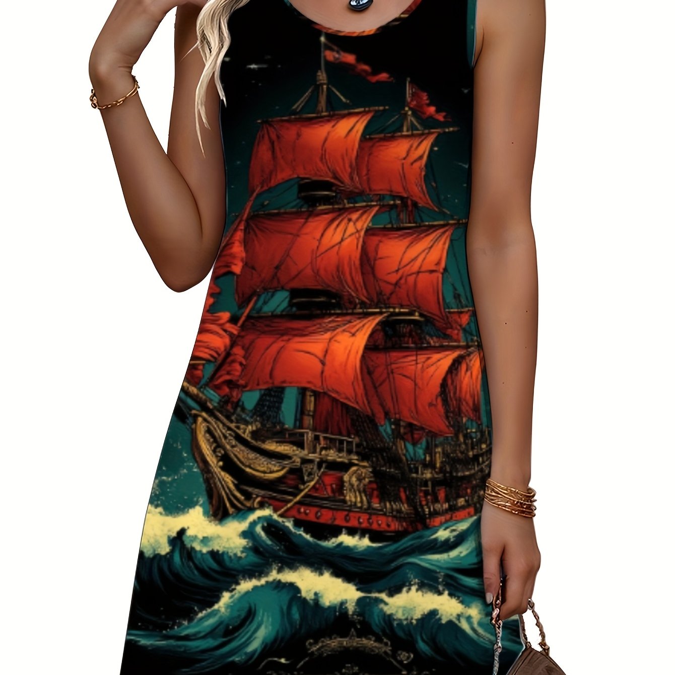 womens casual sleeveless dress with vibrant sailing ship graphic print soft breathable fabric round neck   length machine washable   wear comfortable fashion colorful apparel   clothing