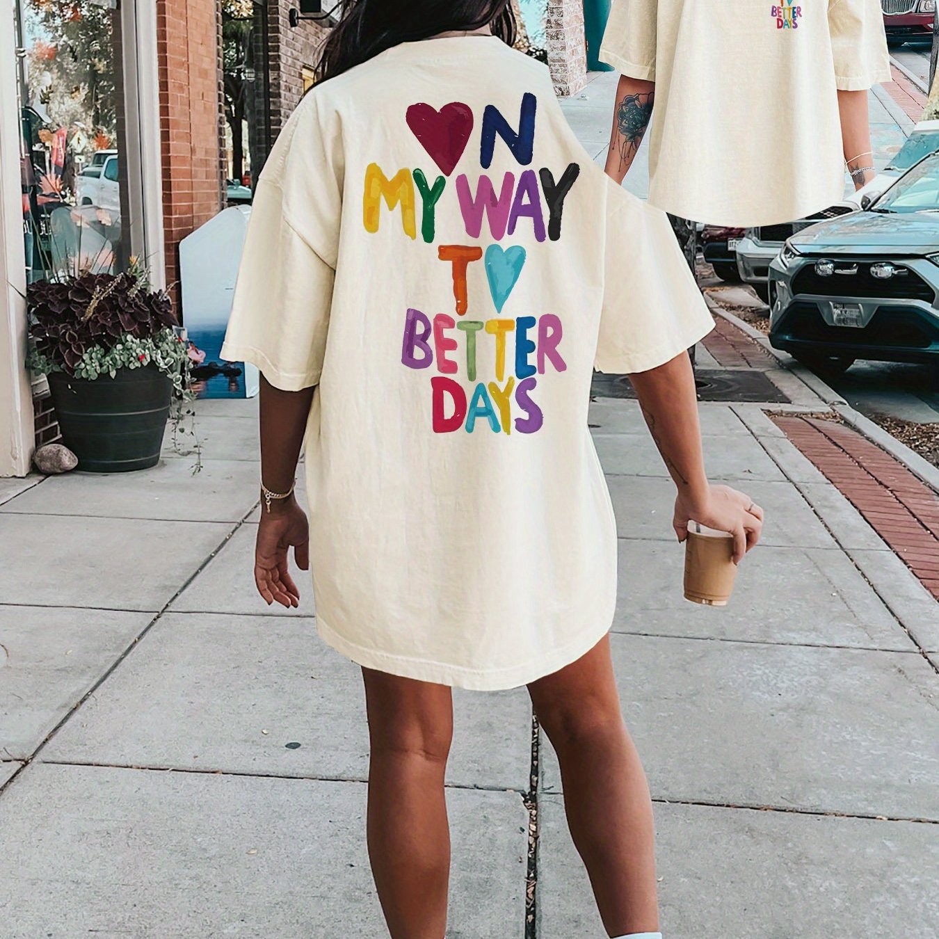 Image of Women' Yellow " To " Graphic Print Crew Neck Tee Dress - Casual Short Sleeve With Colorful Hearts, Relaxed Fit,, Machine Washable For , Casual Attire, Breathable Fabric, Comfortable Fashion
