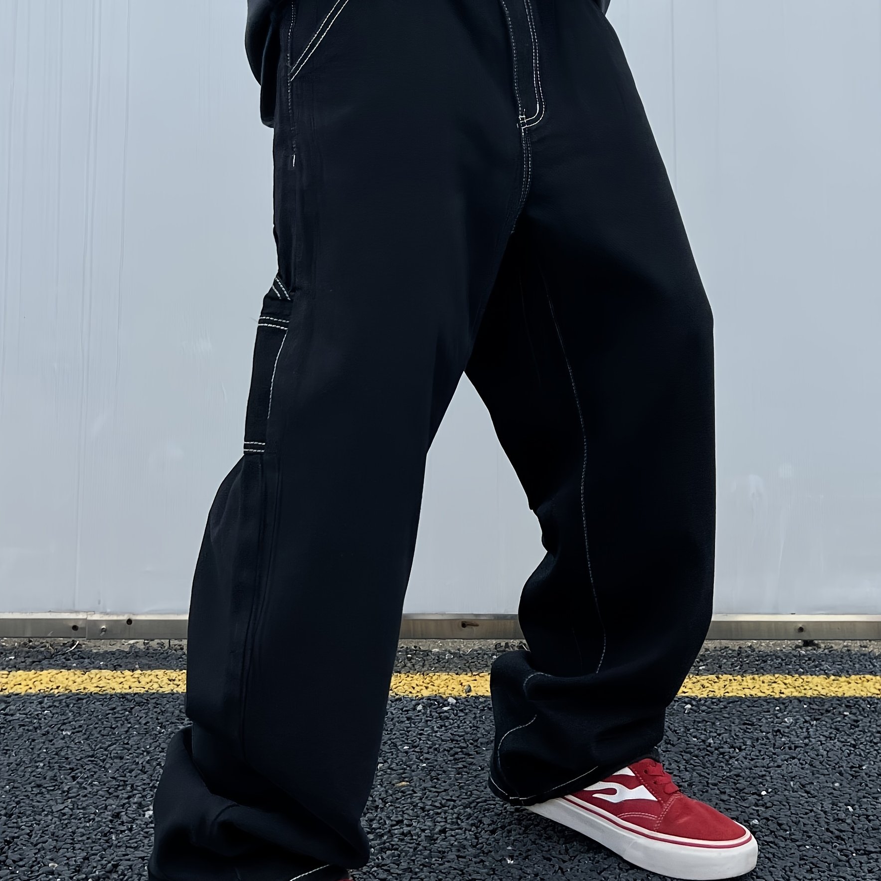 Image of Street Retro Fashion Statement Thread Design Black Denim Cargo Wide-leg Pants (additions Not Included)