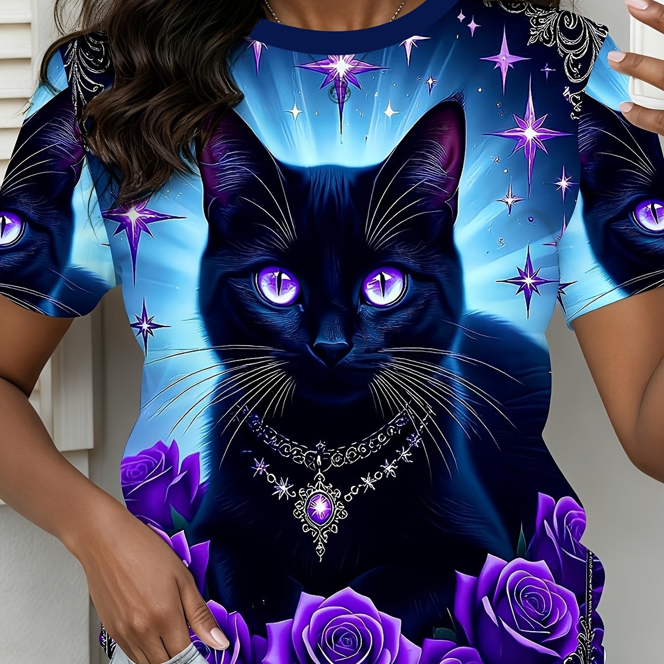 TEMU [printed Design - No Texture] Starry Night Background Purple- Black Cat And Rose Pattern Women's Clothing