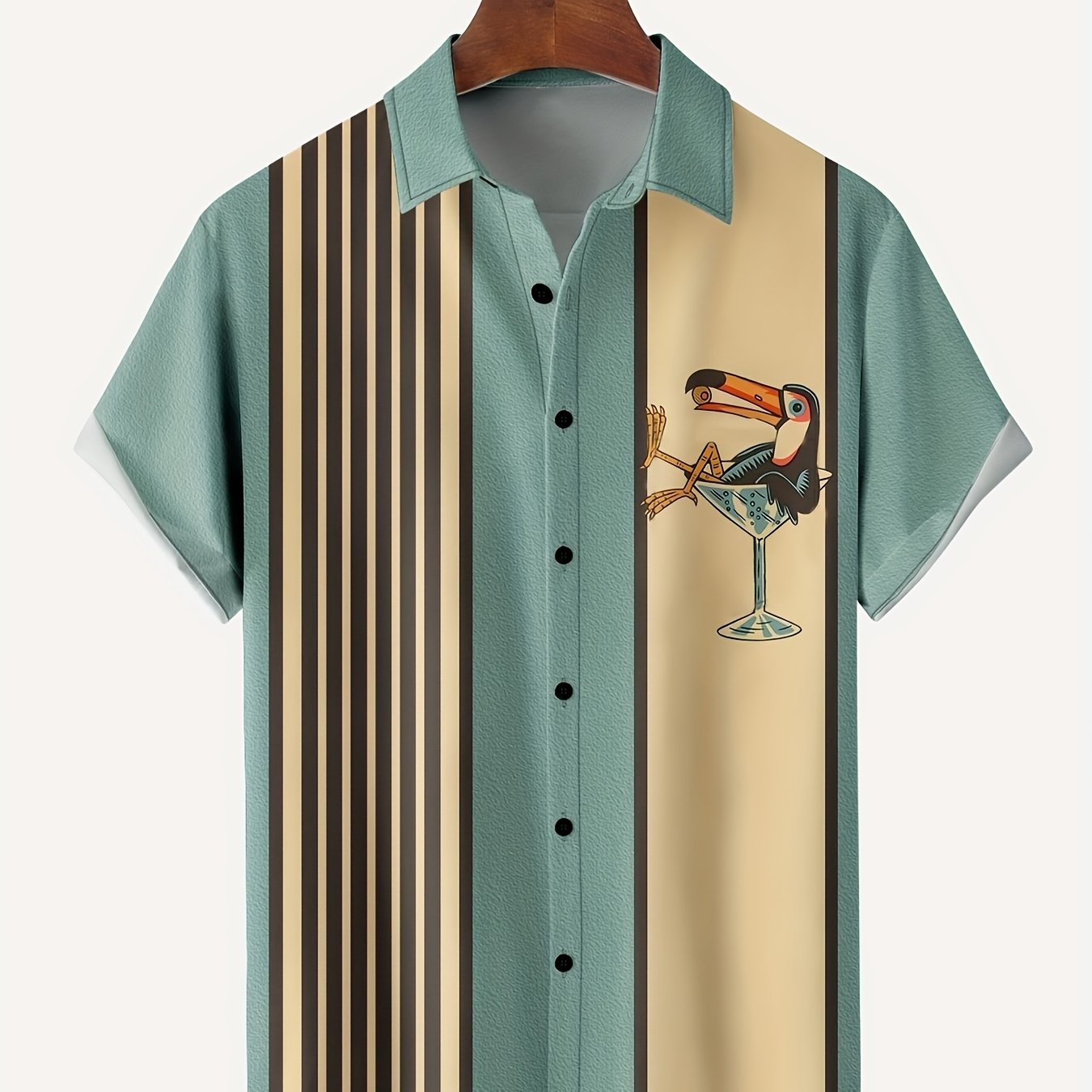 Wine Glass Bird Shirt, Men's Casual Top, Short Sleeve Lapel Casual Shirt, Print Design - Not Textured/2d Printing