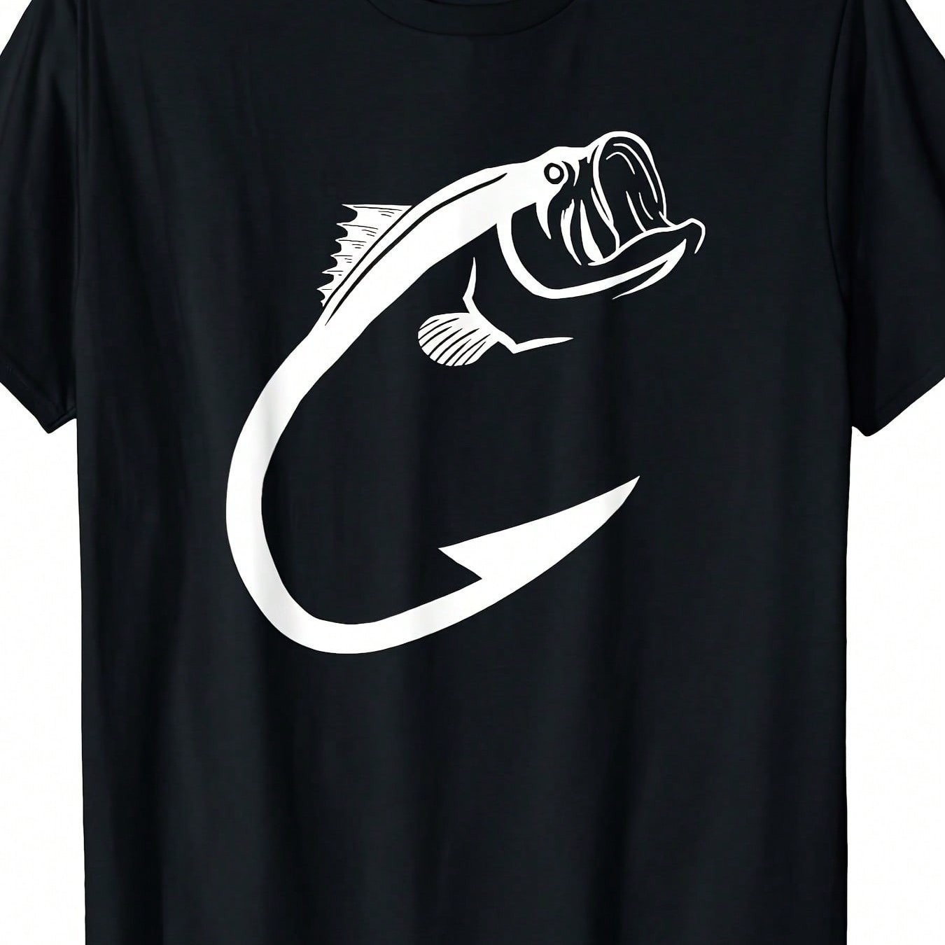 TEMU Men's Casual Cotton T-shirt With Minimalist Fish Hook Art – Soft, Breathable Short Sleeve For Fishing Enthusiasts, Black With White , And Casual Attire