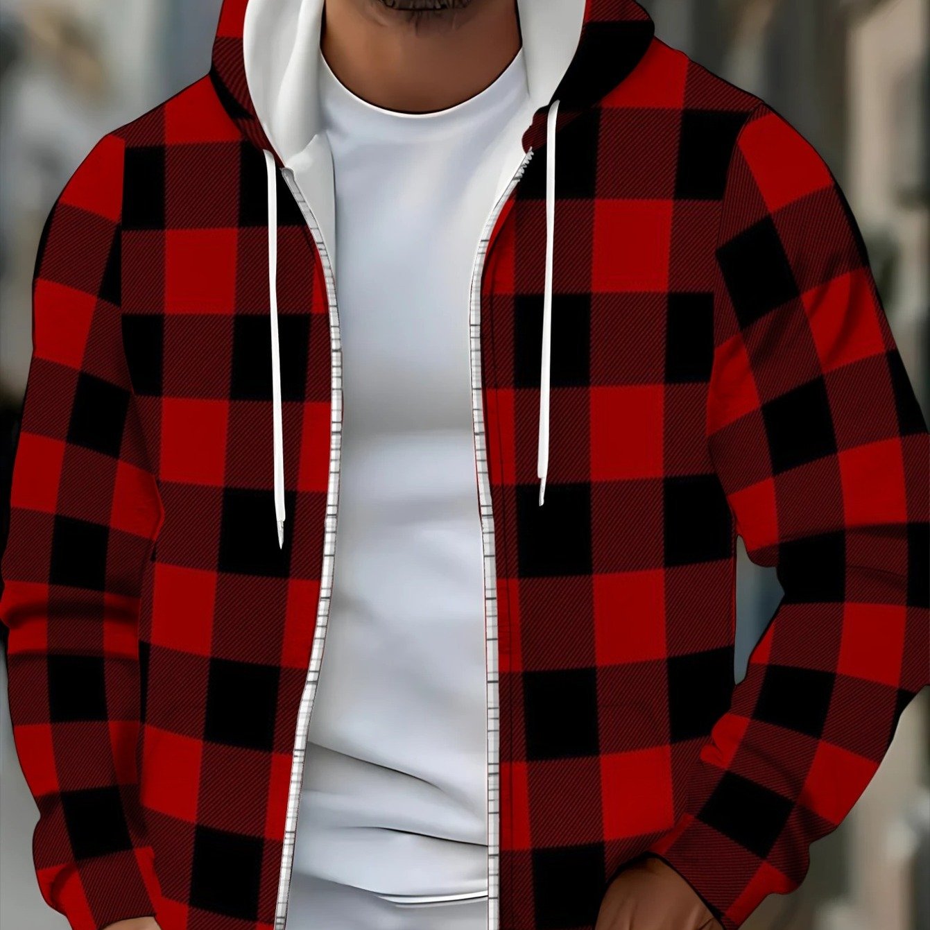TEMU Men's Red And Black Plaid Hoodie, Lightweight Zip-up Sweatshirt. Suitable For Casual Wear, Outdoor Activities, And Daily Use. Durable And