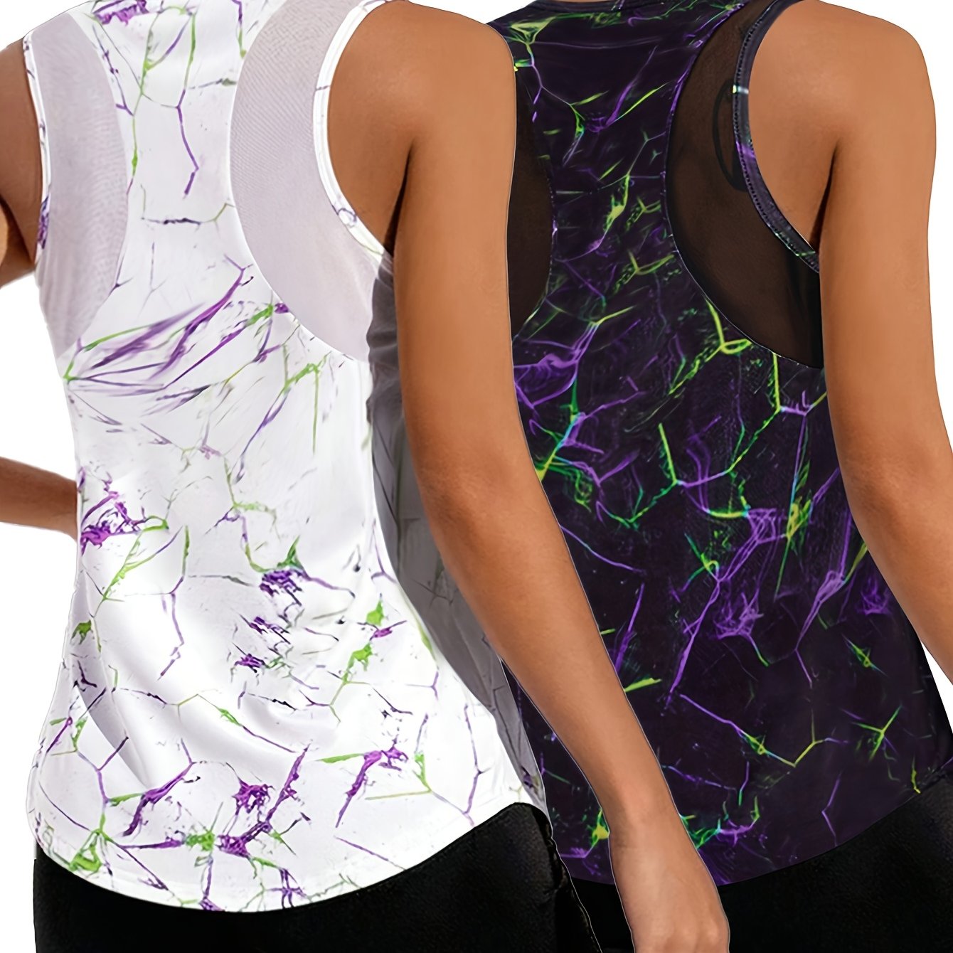 Image of Women's Floral Print Mesh Vest - Lace Panel Round Neck Sleeveless Top, Breathable Quick-dry Fitness Running Mesh Tank Top, Summer Workout Casual Athletic Vest, Machine Washable 2pcs Set