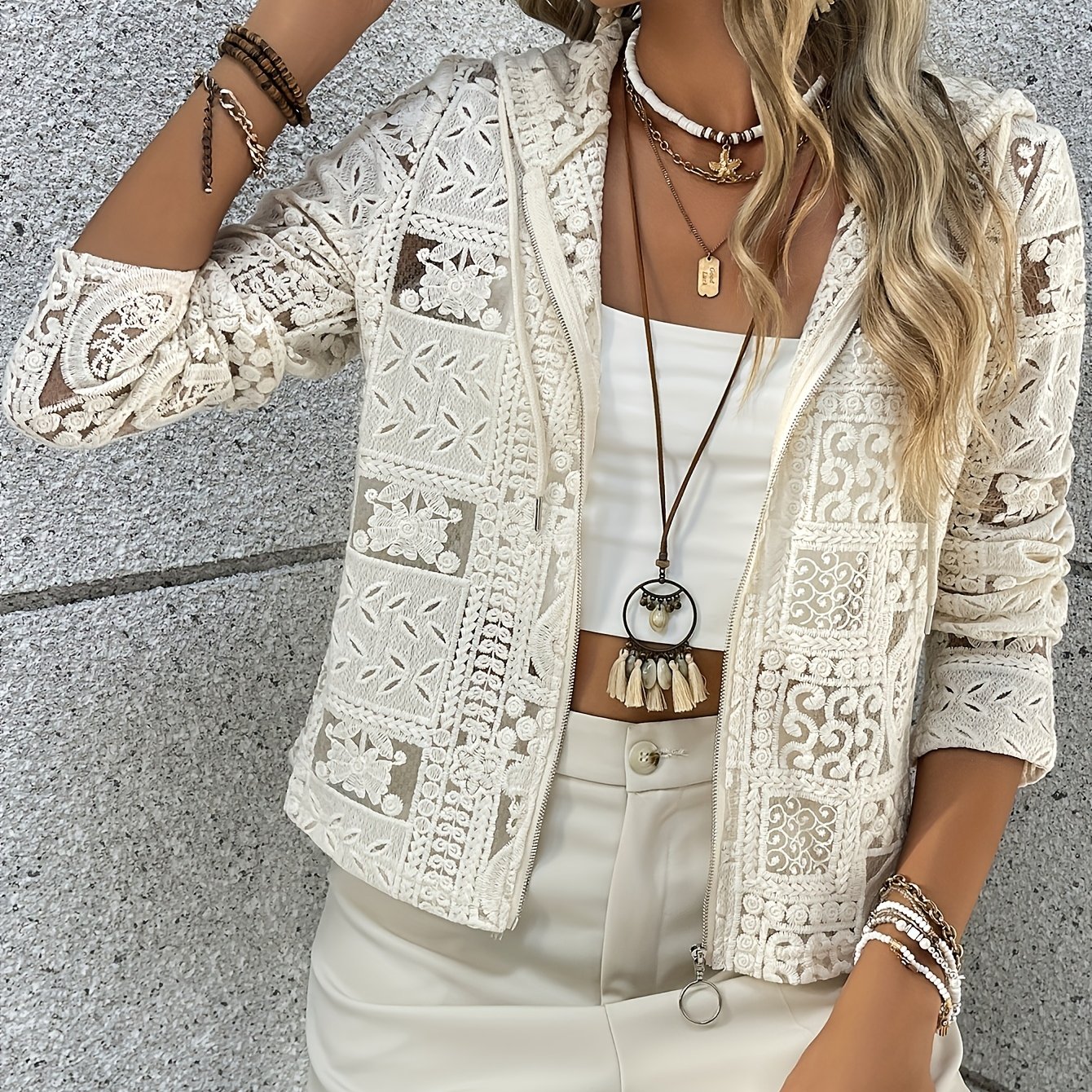Image of Plus Size - Plus Size - [intricate Eyelet Pattern] Women's Chic Beige Lace Hooded Cardigan | Long Sleeves | Elastane | Lightweight | Casual | Stylish