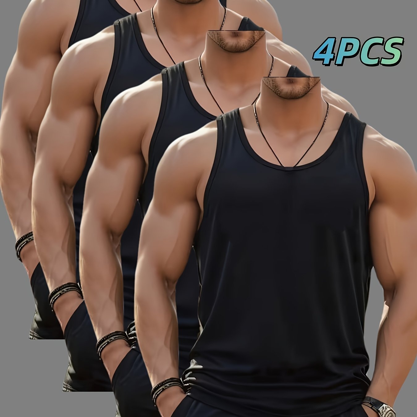 Men's Summer Tank Top 4pcs Set - Fashionable Fitness Sleeveless Base Layer, Stretch And Breathable Soft Fabric, Solid Color Round Neck , Suitable For And Fitness