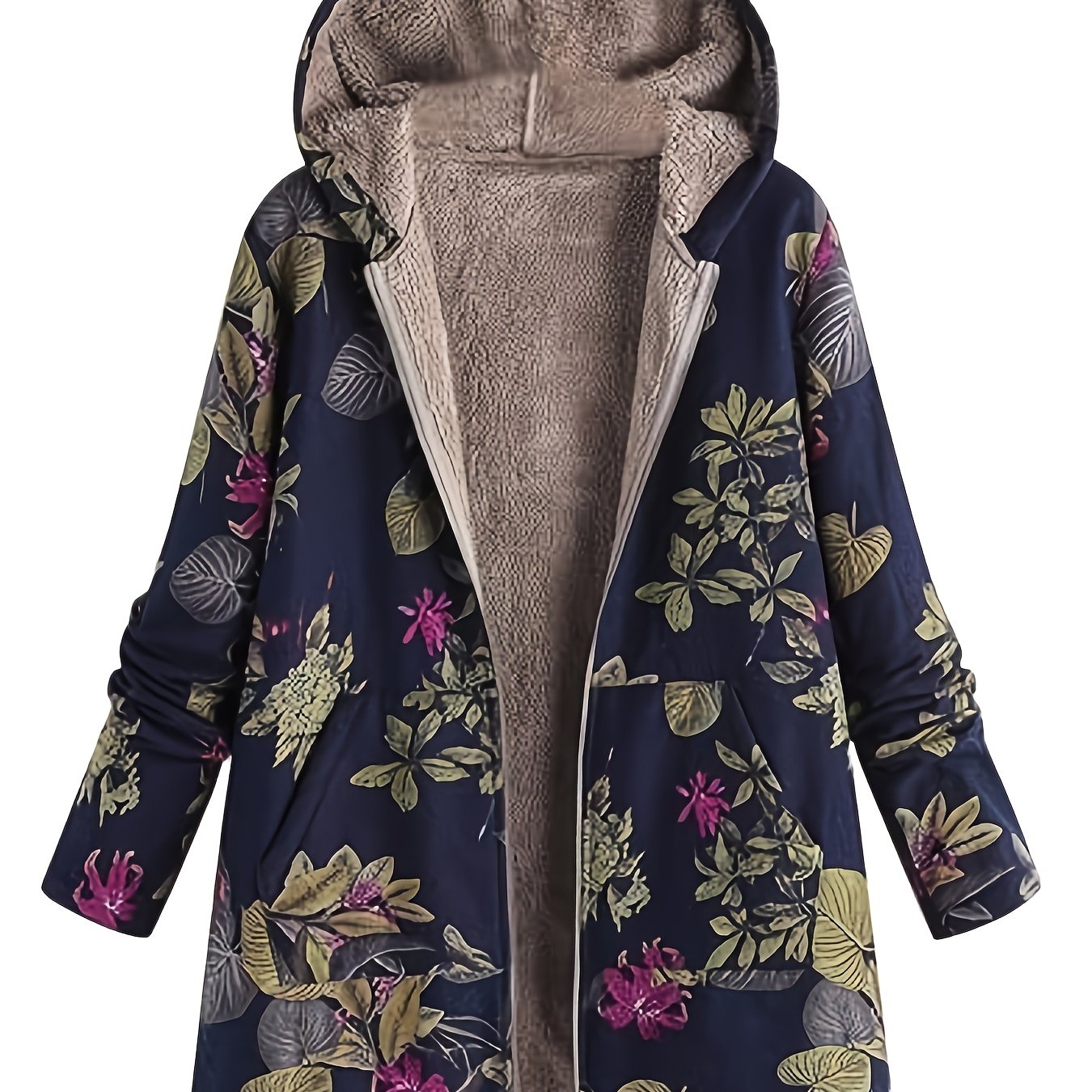 TEMU Women's Ethnic Floral Print Hooded -padded, Lined Zip Up Loose Warm Jacket For Autumn Winter