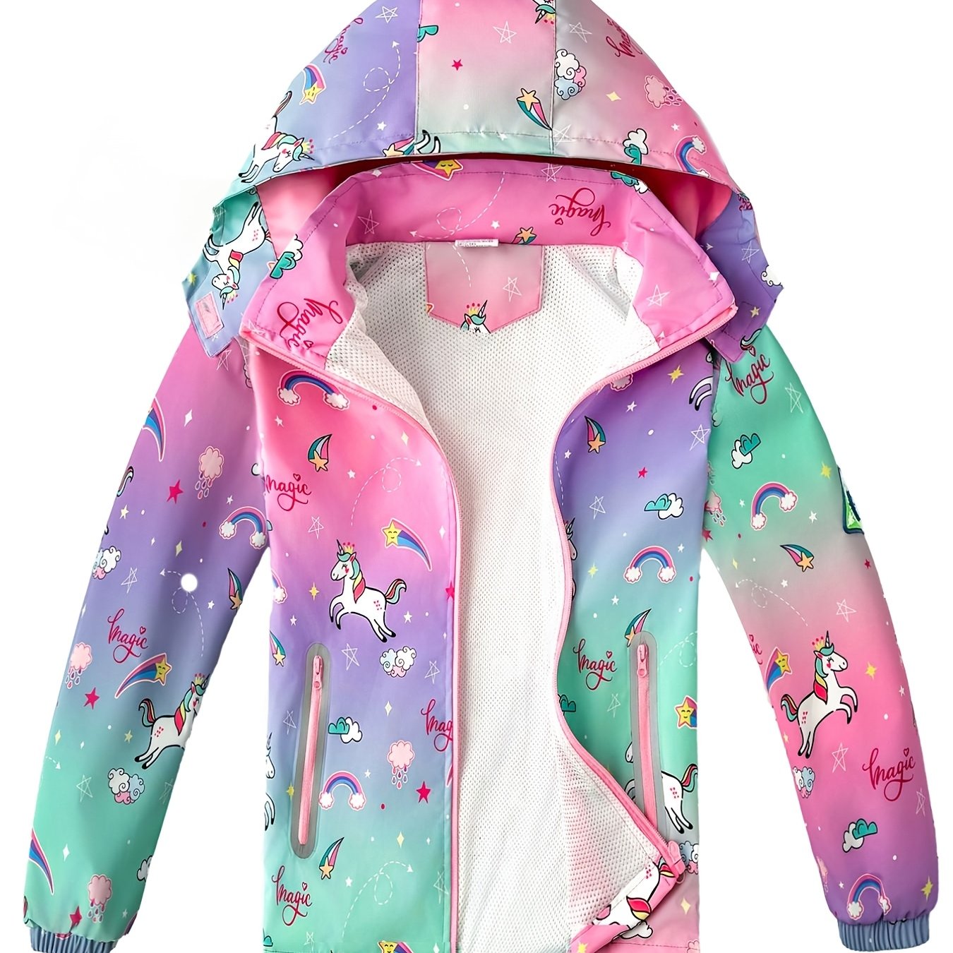 Girls' Spring/summer Lightweight Windbreaker Jacket With Mesh Lining, Detachable Hood, Rainbow Unicorn Design