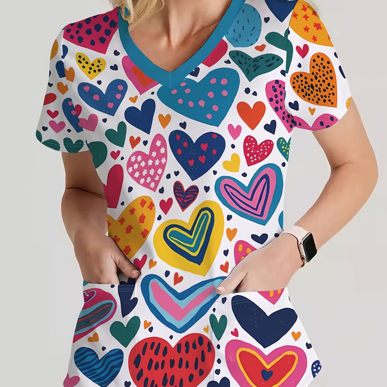 TEMU Women's V-neck Short-sleeve Scrub Top With Full-body Heart Print & Front - Soft Nurse Uniform Suitable For Nail Salons, Dental , Beauty Shops,
