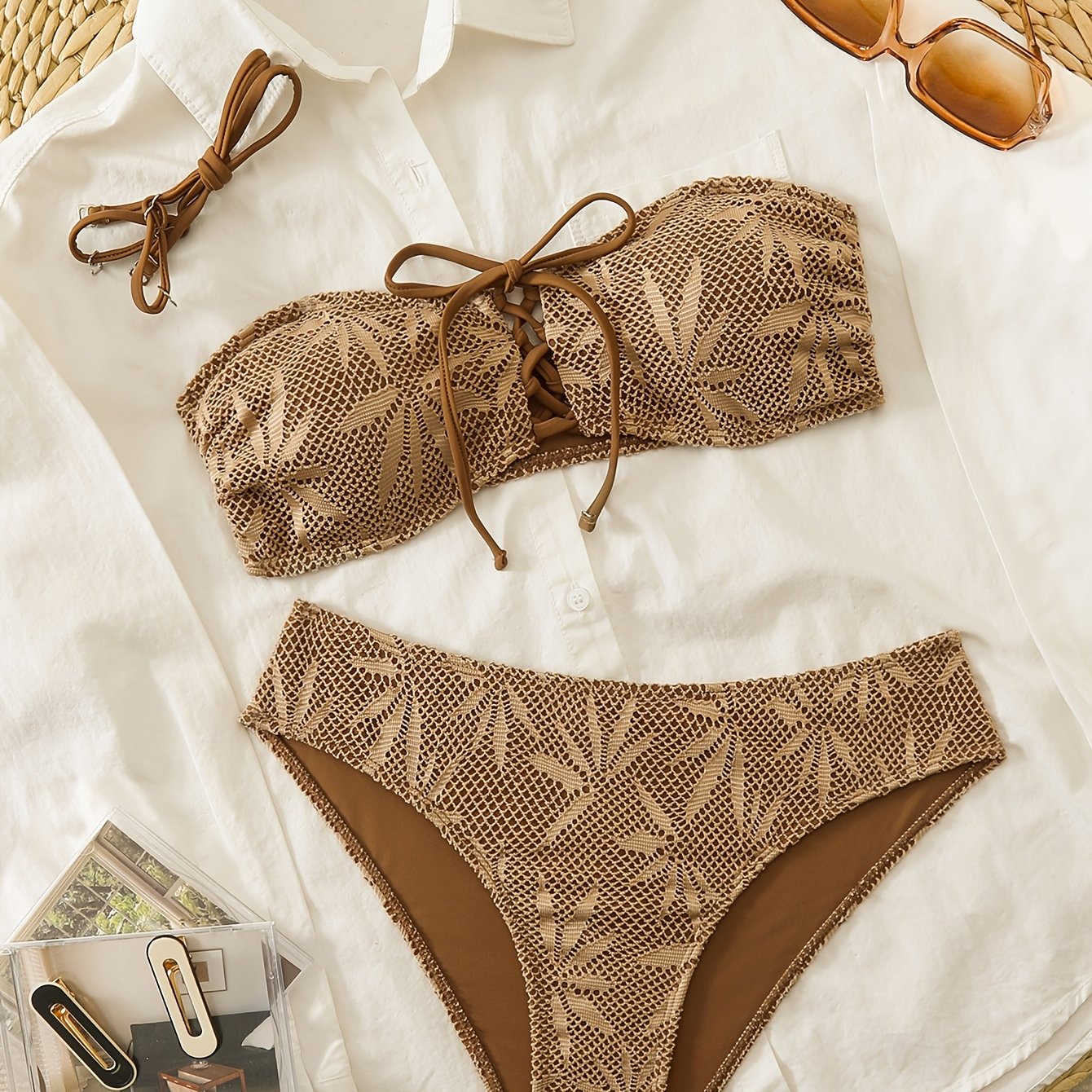 E-shop 26SS Damen Badeanzug Set Bandeau Abnehmbare Schulterträger Mesh Patchwork Kordelzug Einfarbig Frühling Sommer Herbst Winter Mode Freizeit Urlaub