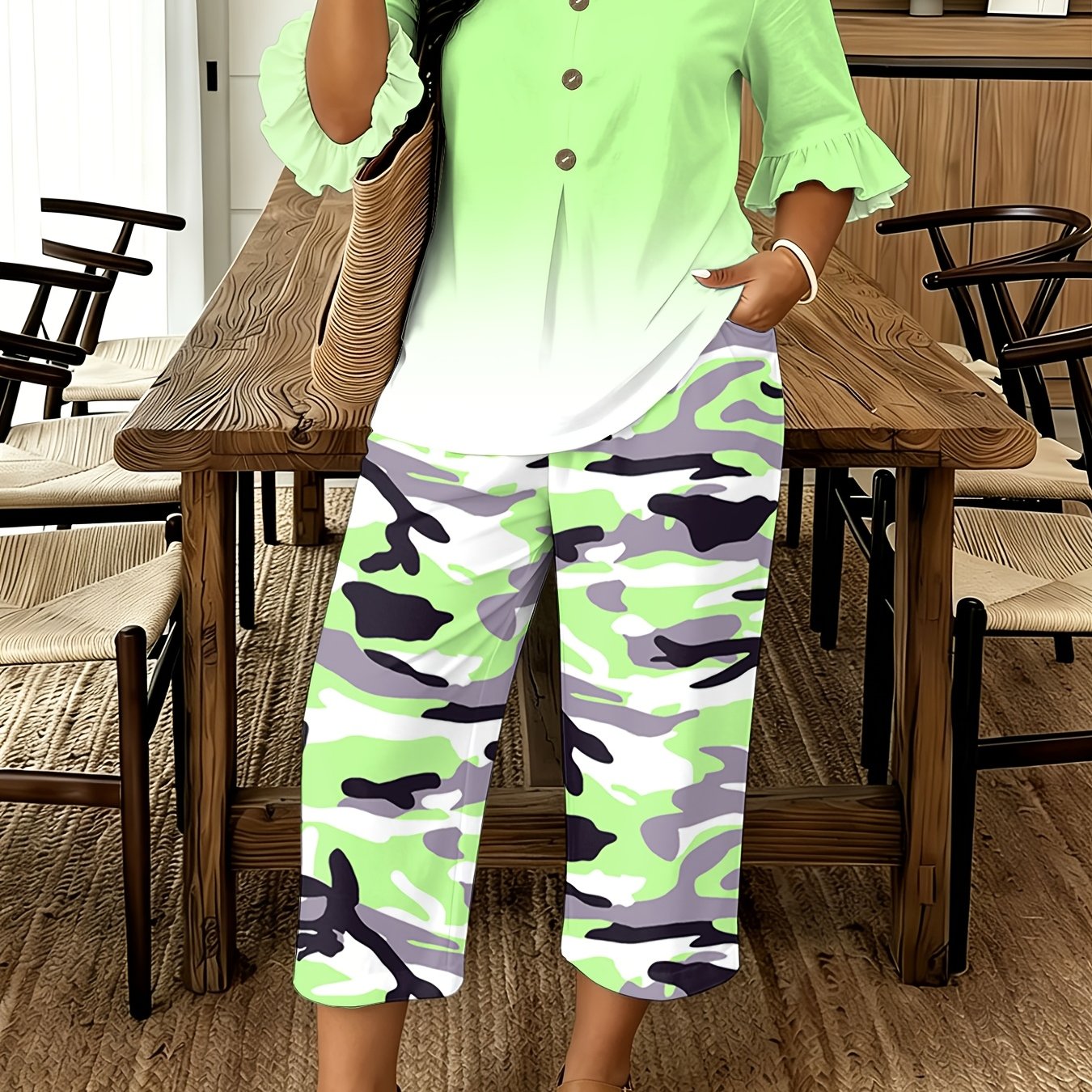 Image of Plus Size, Women's Fashion Set, -point Puff Sleeve Solid Color Fake Button T-shirt With -point Camouflage Pants, Suitable For , Going Out For Vacation Parties
