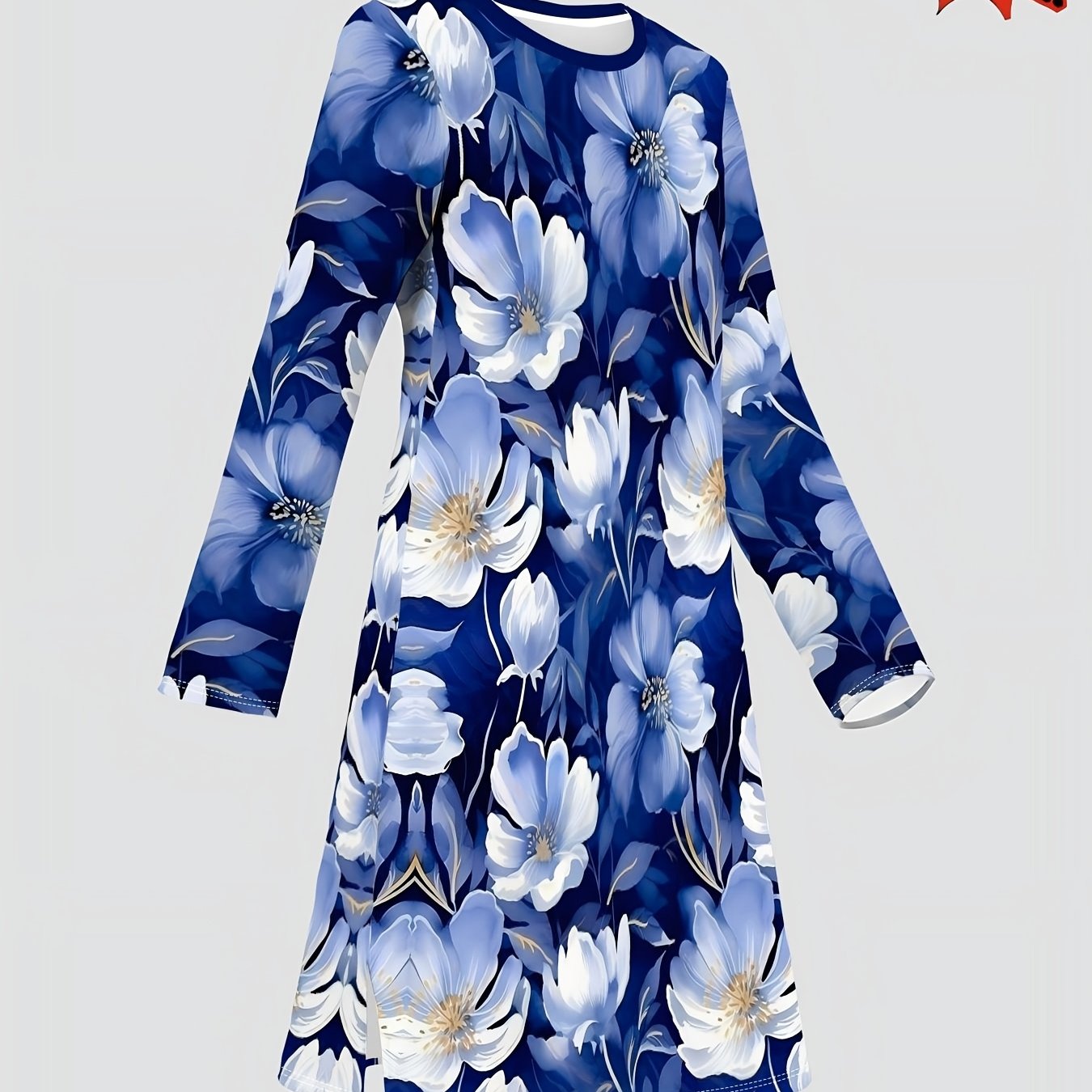 TEMU [printed Design â Not Textured/embroidery/sequins] Women's Long Top, Floral Pattern: Dark With Light Blue And White Flowers Featuring