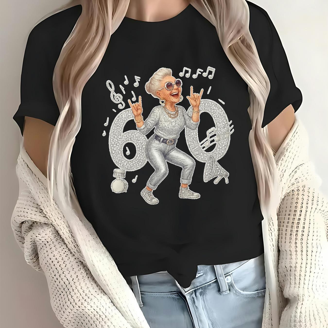 TEMU Women's 60th T-shirt - Accent Milestone Design With Grandma & Grandchild Bonding Print, Lightweight Round Neck Casual Top For Casual Attire,