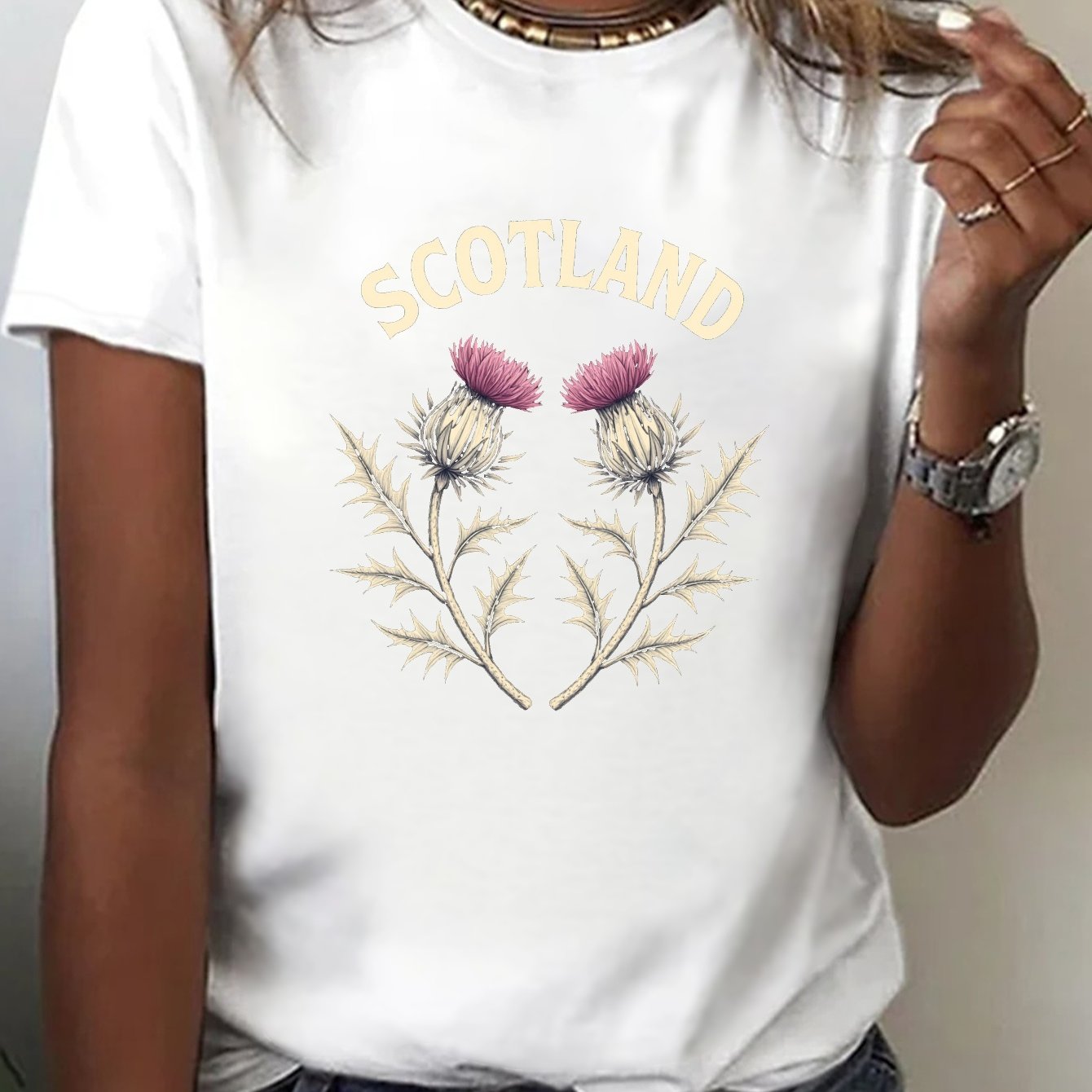 TEMU Scotland Thistle Illustration Print T-shirt, Short Sleeve Crew Neck Casual Top For Summer & Spring, Women's Clothing