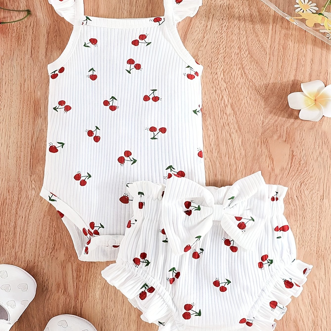 Image of 2pcs Infant Girls' Spring/summer White Cherry Print Halter Dress And Bow-detailed Shorts Cute Set, For Outdoor
