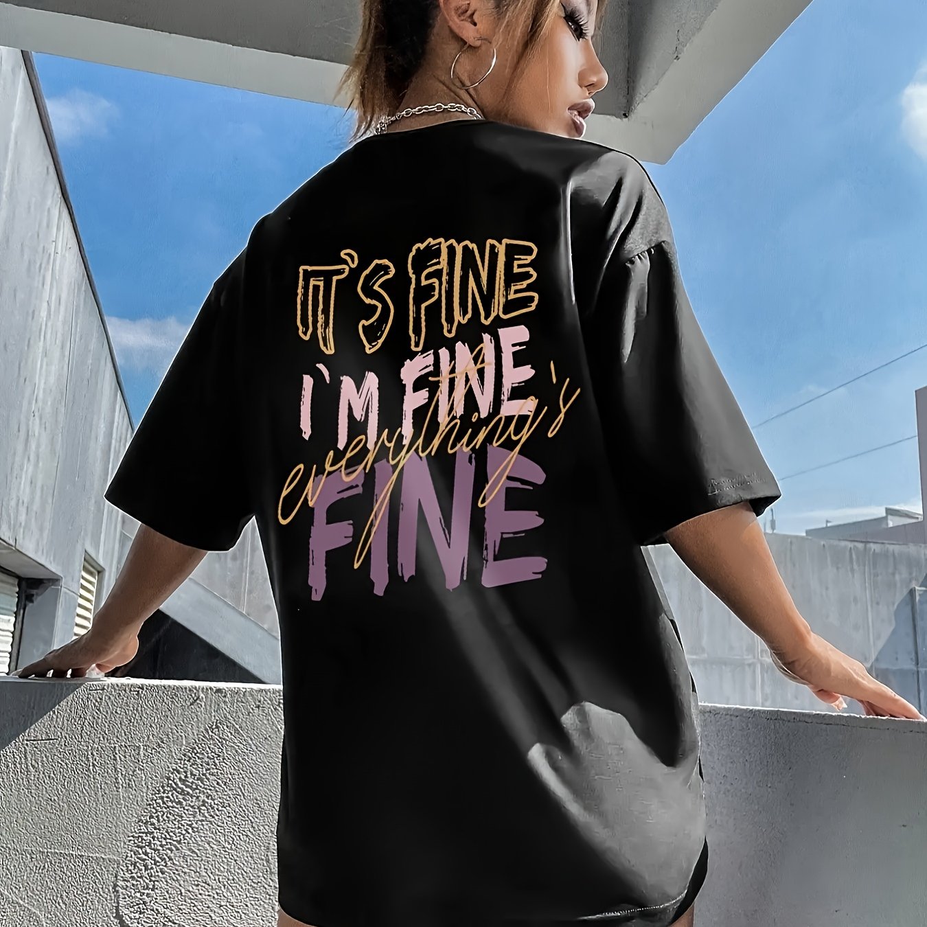 TEMU - - Women's Casual Short Sleeve - It's Fine Geometric Print Black Round Neck Loose Fit Machine Washable Summer Top Casual Attire Ea-unisex