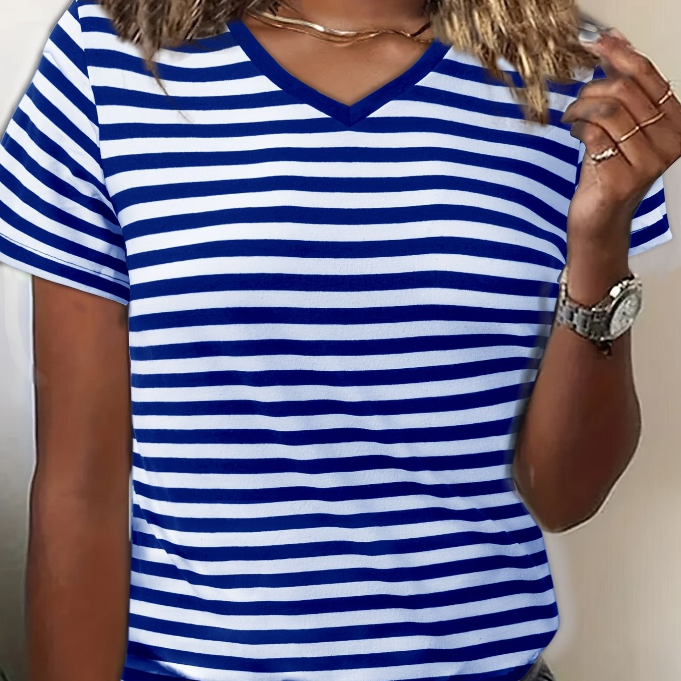 Image of Women's Striped T-shirt With Side Slits, Short Sleeves, V-neck, Thin, Slim Fit, Casual Base Shirt