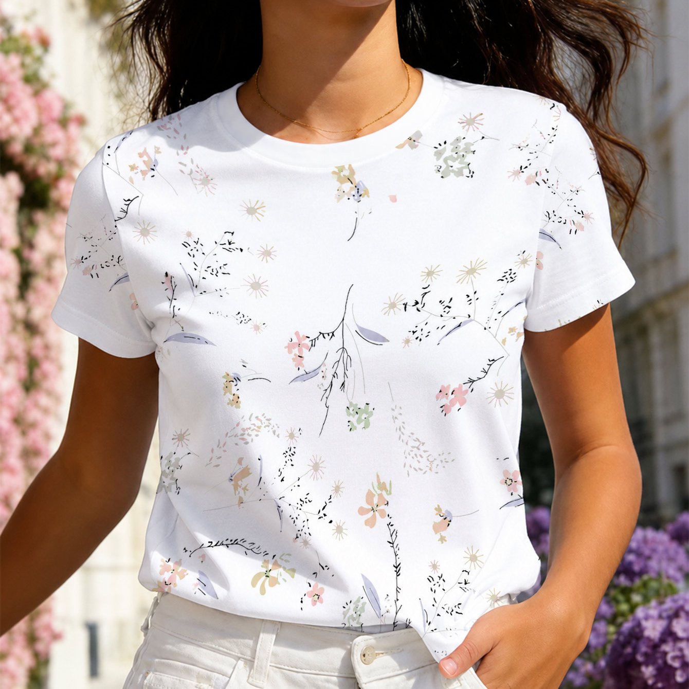 TEMU Women' T-shirt, With Delicate Wildflowers And Leaf Branches Print, Short Sleeve T-shirt, Breathable Casual Top, Machine Washable Summer Casual