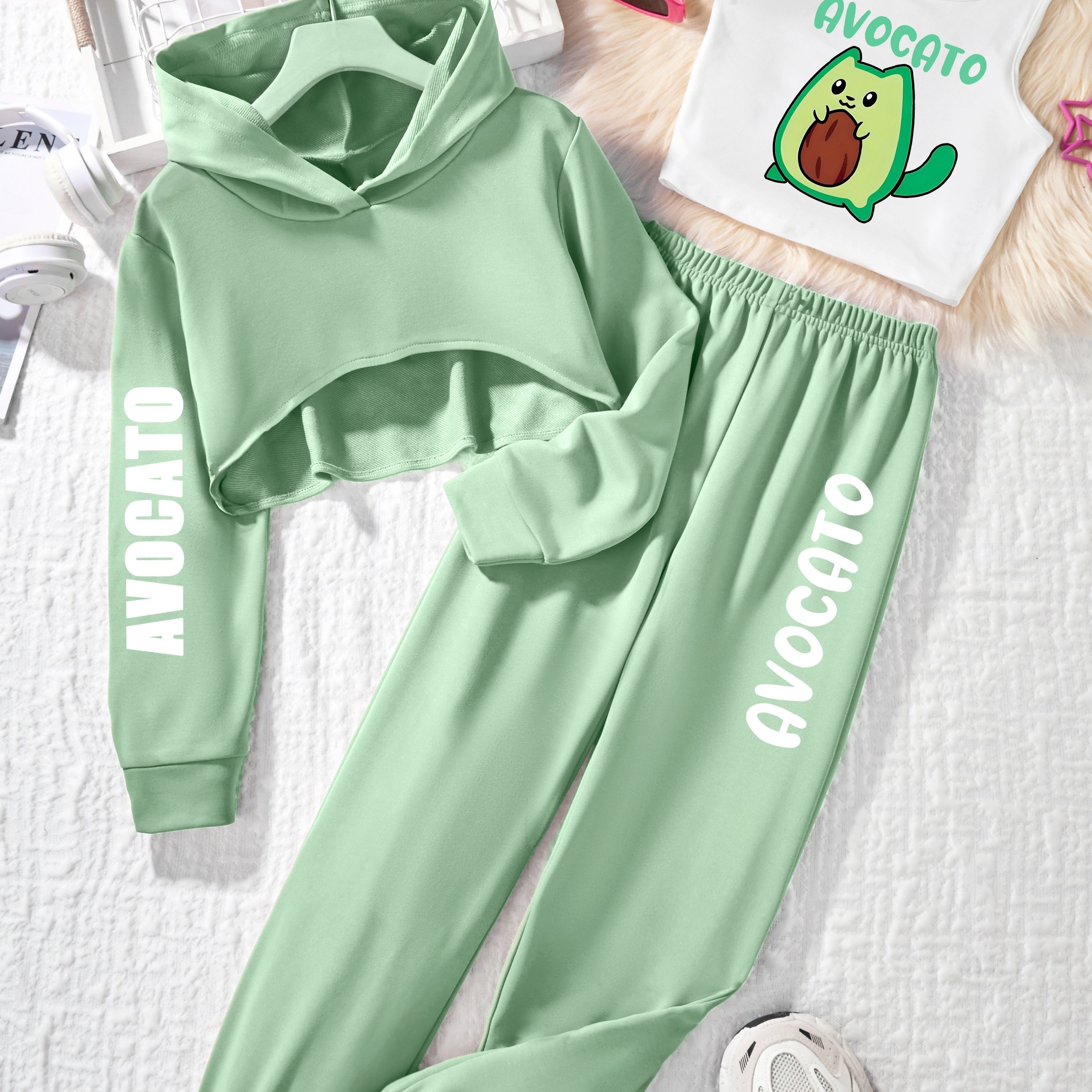 P4504(g18) Avocado With Tail / Long-sleeved Hooded Sweatshirt Three-piece Set, For Outdoor