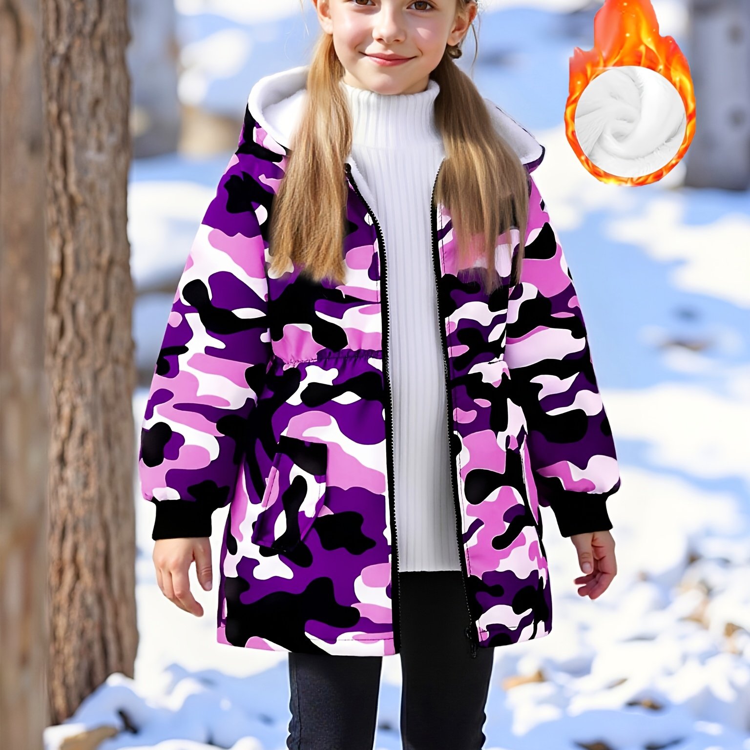 TEMU Single-piece Only, Does Not Sweater Lining. Girls' Mid-to-large Size 130-170, Waist-cinching Hooded Camouflage Print Windbreaker Jacket With Windproof Lining And Lining For