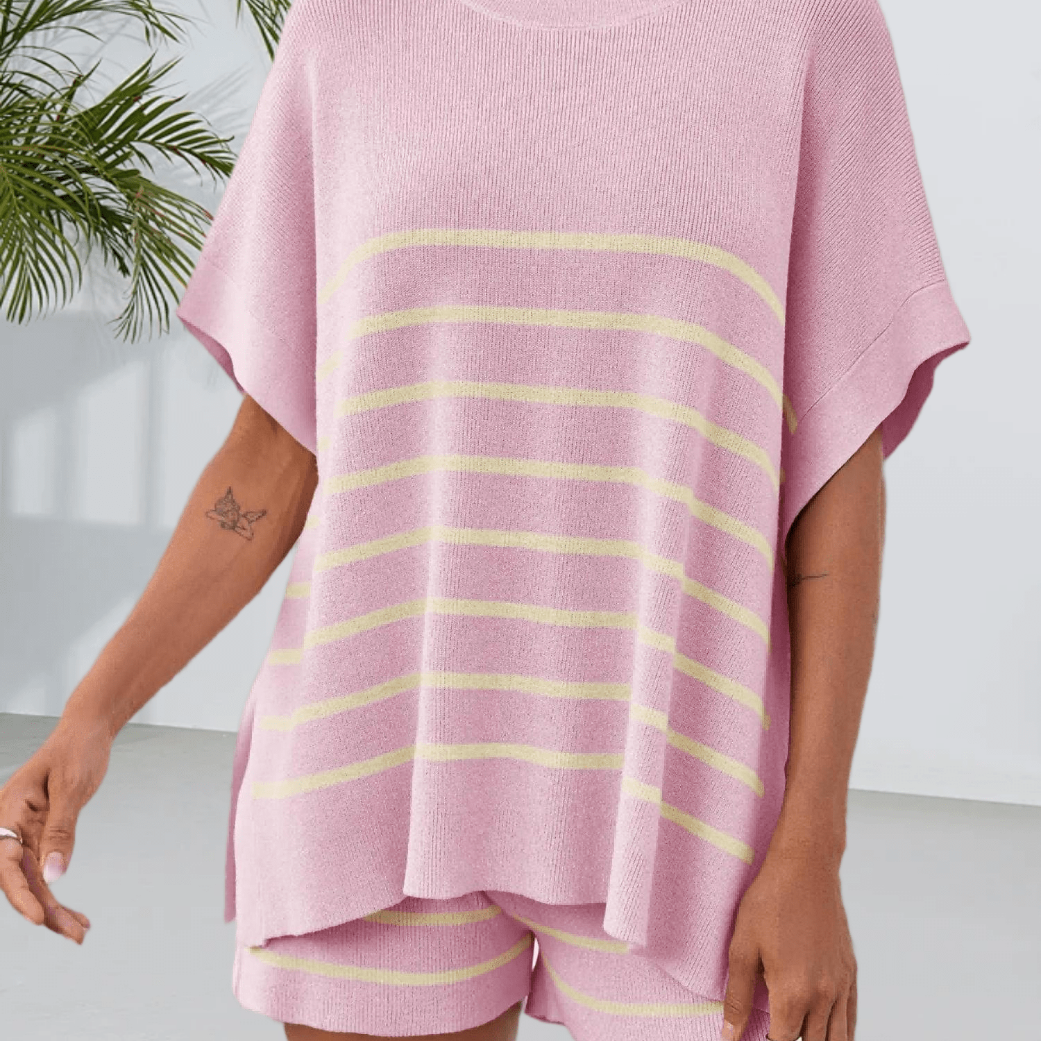 Sets For Women Featuring A Casual Two-piece Outfit With Striped Batwing Short Sleeve Tops And High-waisted Shorts
