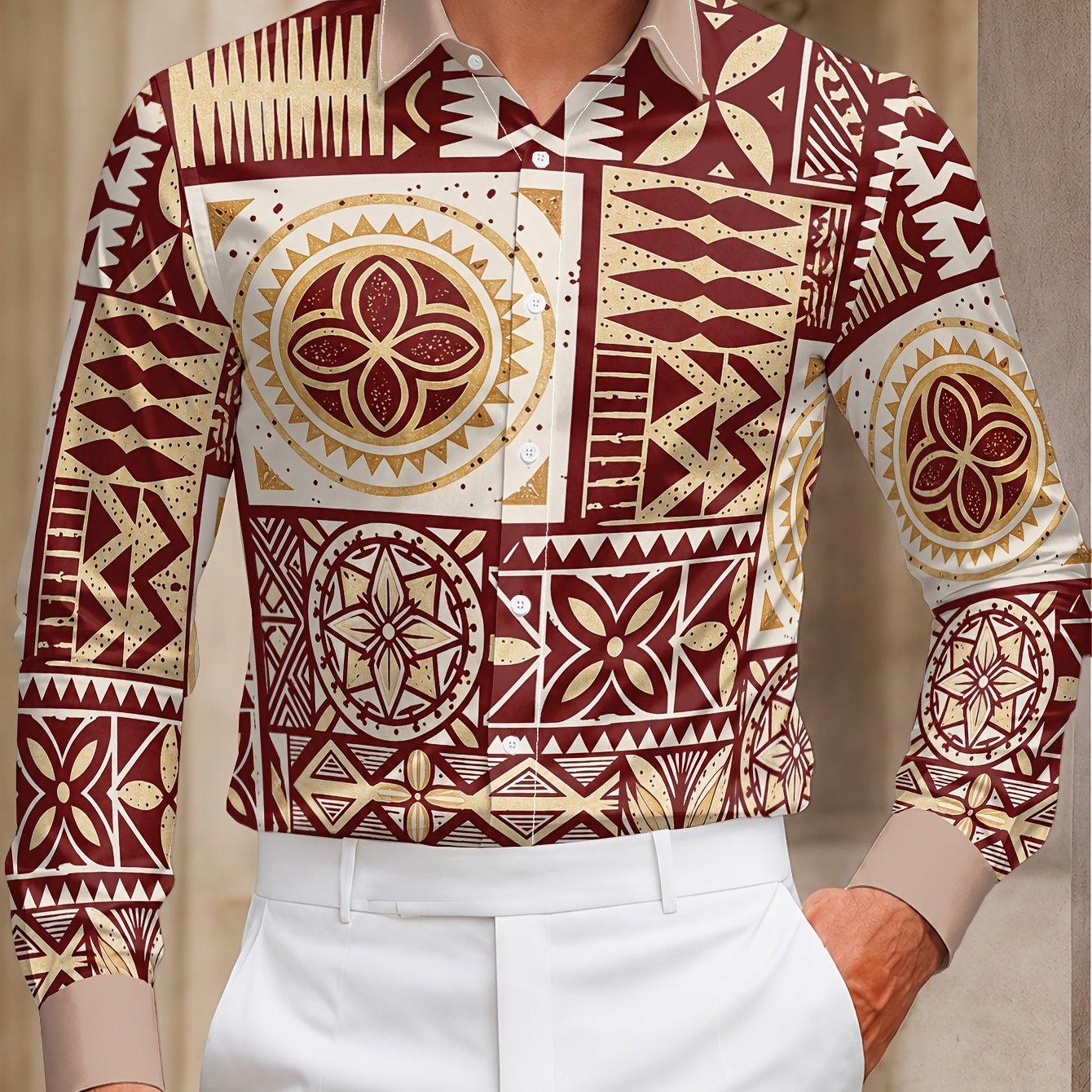 TEMU [print Design – Not Textured] [print Design – Not Textured] Polynesian Tribal Long Sleeve Shirt Men's Casual Lapel Open Front Top