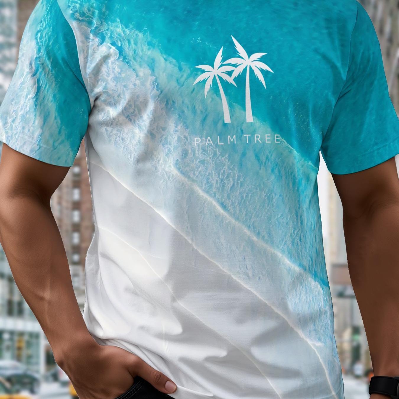 TEMU Men's Quick-dry Swimwear T-shirt, Featuring A Blue And White Gradient With Palm Tree Beach Prints, Suitable For Daily Commuting, Vacation , And