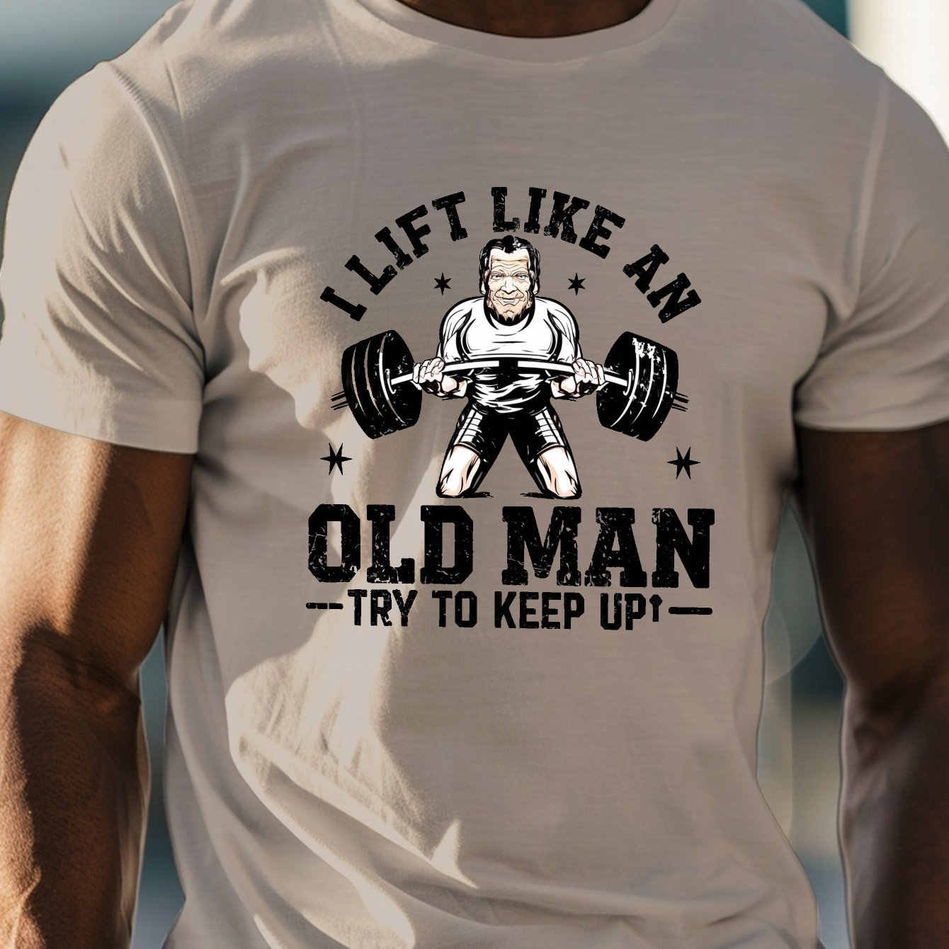 TEMU Men's Casual Crew Neck T-shirt With Unique Weightlifting Old For Man Print - Lightweight, Breathable Polyester For