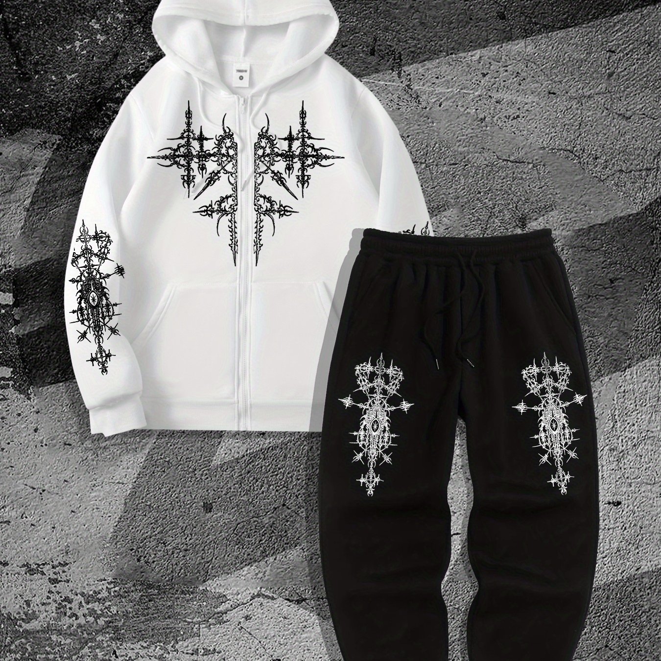 TEMU Gothic Dark Style Printed Men's Zip-up Hoodie And Jogger Pants Two-piece Set
