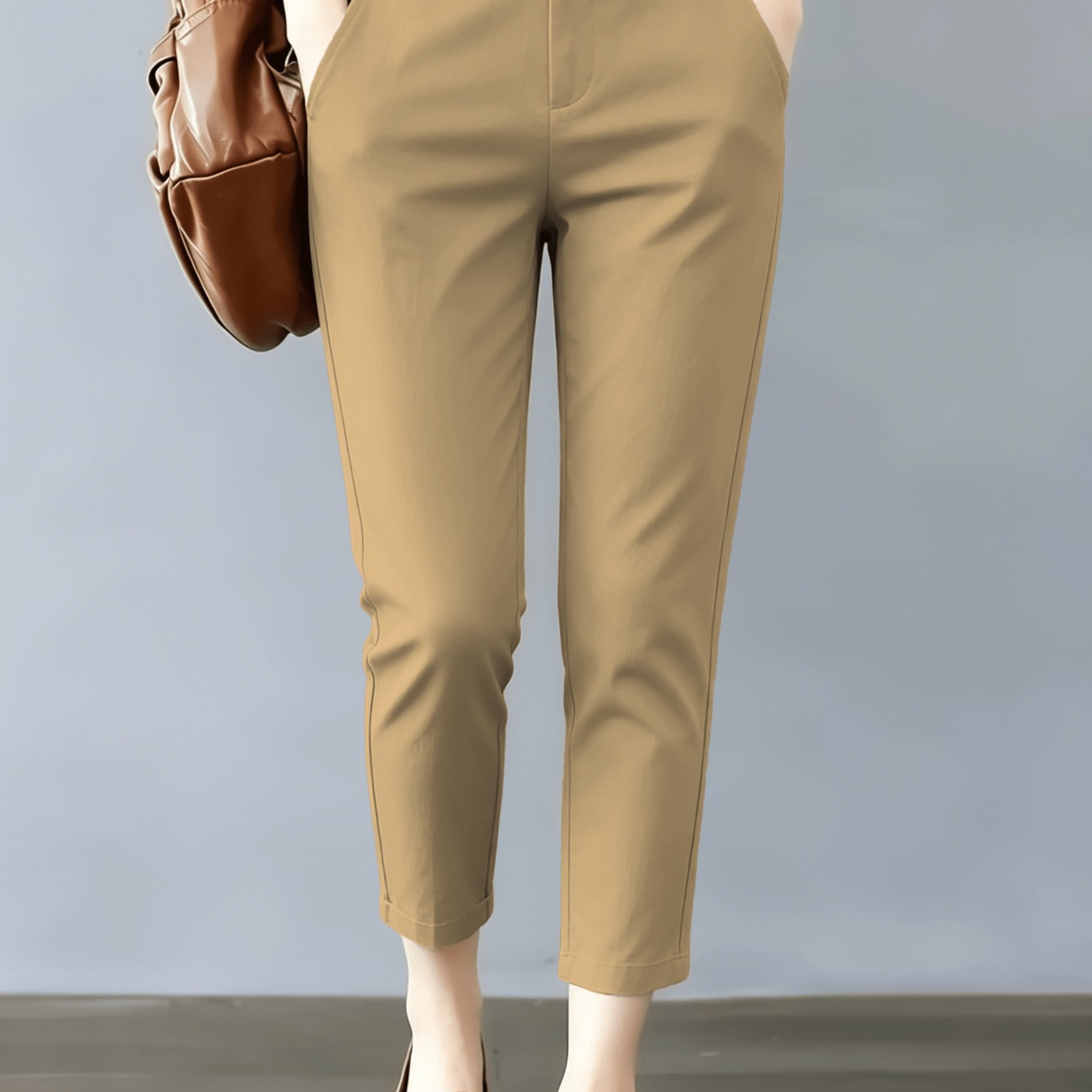 TEMU Women's Slim-fit Casual Trousers - Nine-point Pants With Comfortable Elastic Waist, Solid Color With Pockets, For Spring, Summer, And Autumn