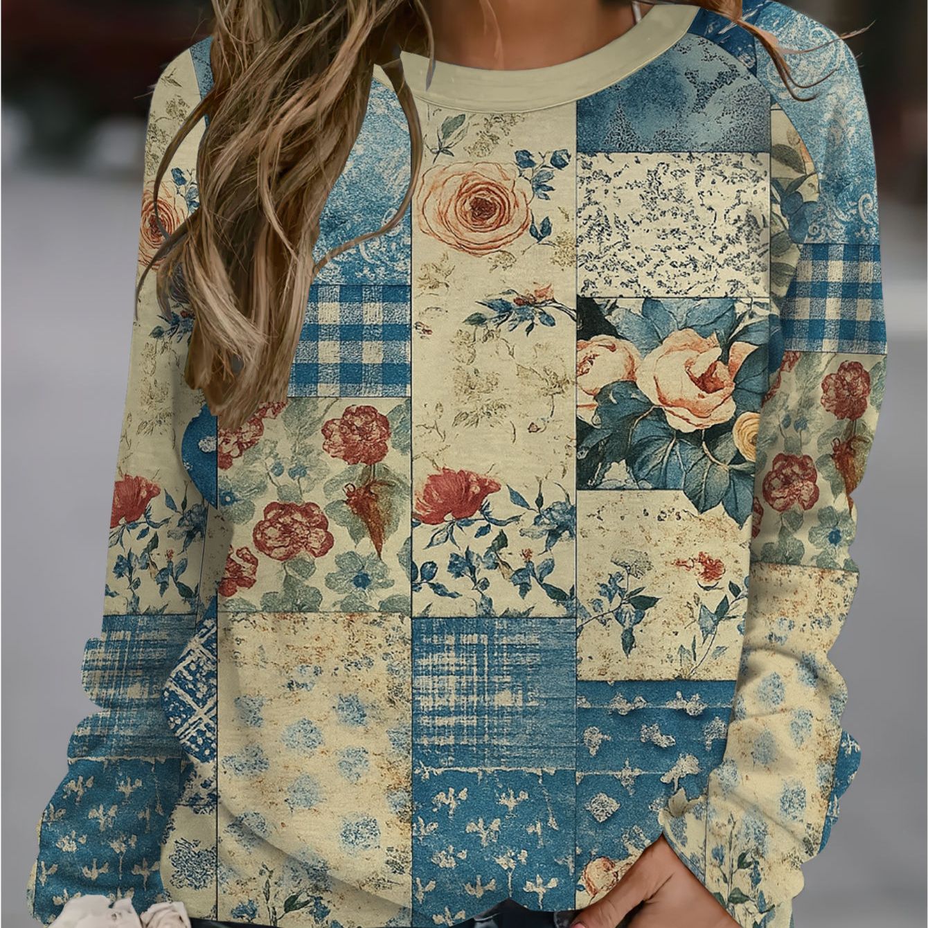 TEMU Plus Size, Women's Multicolor Floral Sweatshirt - And Rose Print Crew Neck Long Sleeve Top, Full-body Multicolor In