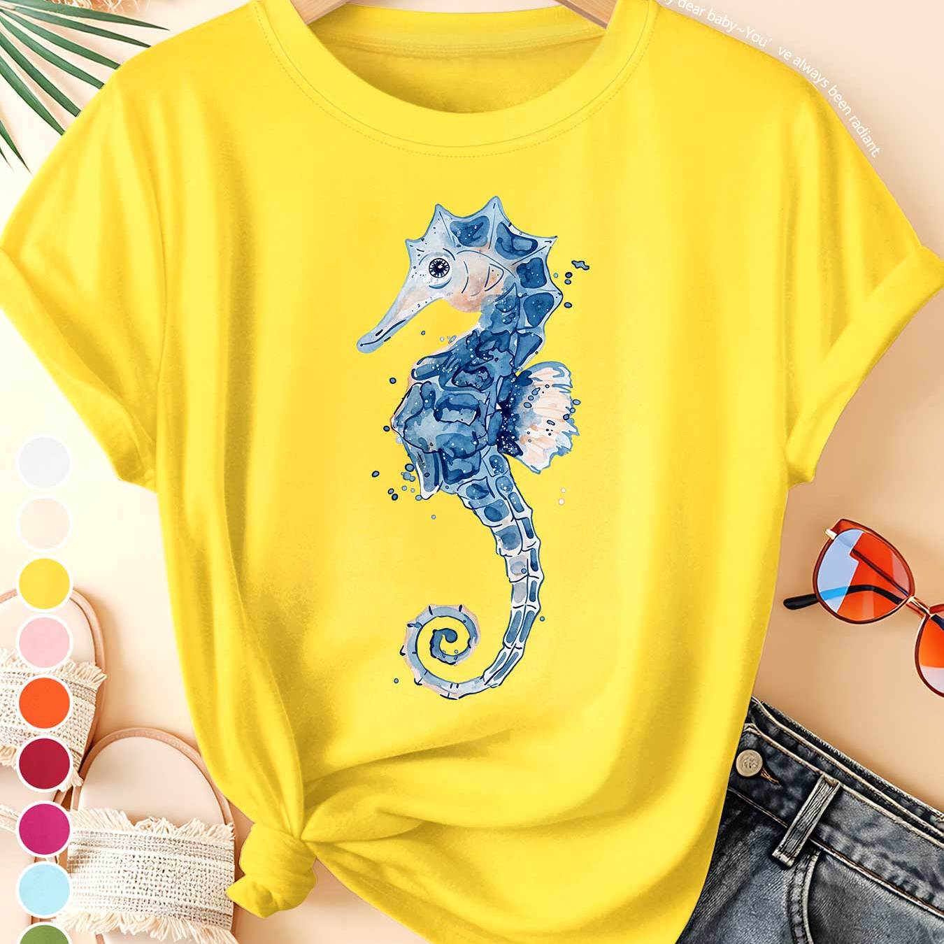 TEMU Summer New T-shirt Women's Watercolor Blue Seahorse Print Spring Summer Autumn Elegant Retro Style Loose Fit Versatile Casual Athletic Soft