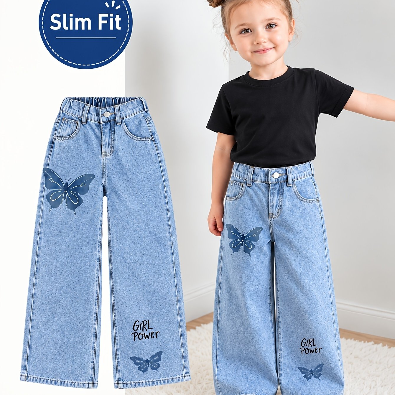 Image of Unisex Youth Multiple Colors Baggy Wide Leg Jeans, Front Girl Power Script Print And Cartoon Explosion Eye Graphic On 1 Thigh, Y2k Retro Streetwear Vibe, Back To School Outfit, Day Of School, Daily