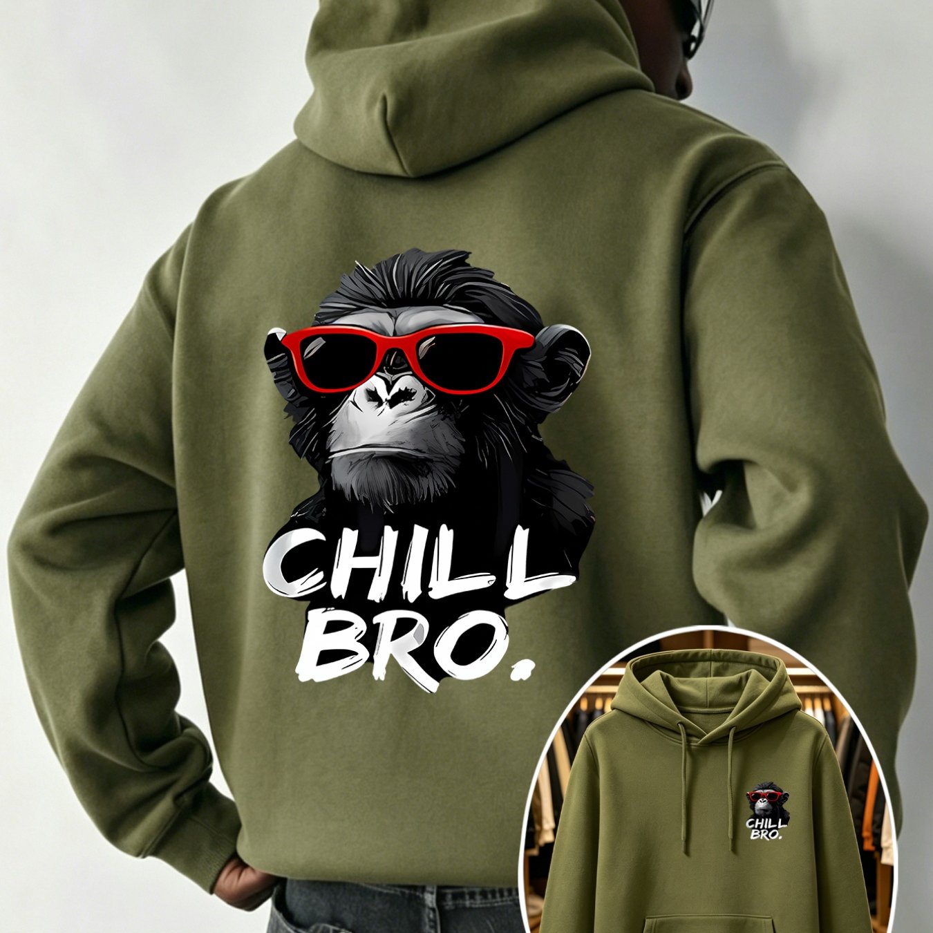 TEMU Men's Casual Versatile Hooded Sweatshirt With Fashion Glasses Chimpanzee " Bro" Fun Double-sided Graphic Print - Front Kangaroo Pocket, Machine