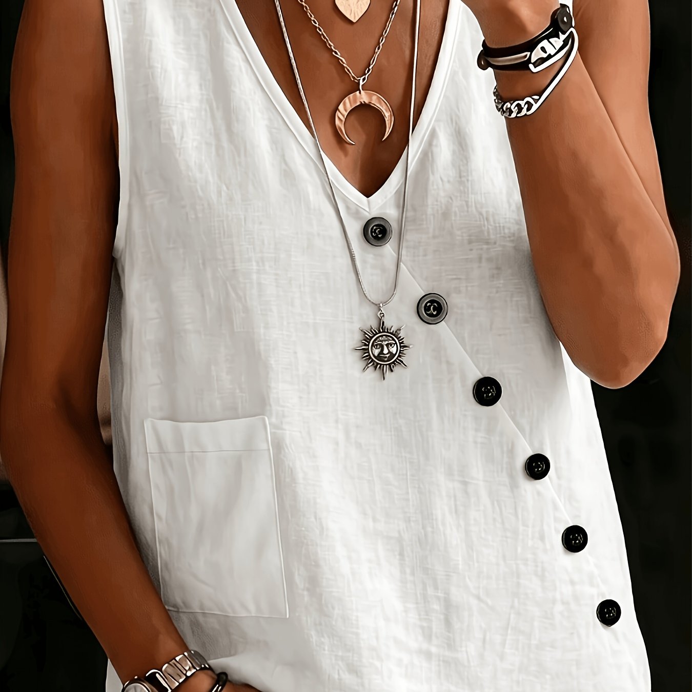 Image of Women's V-neck Slant Button-front Sleeveless Top, Lightweight Breathable Skin-friendly Fabric, Loose Fit Sleeveless Vest, Versatile Minimalist Summer Commuting And Vacation Top