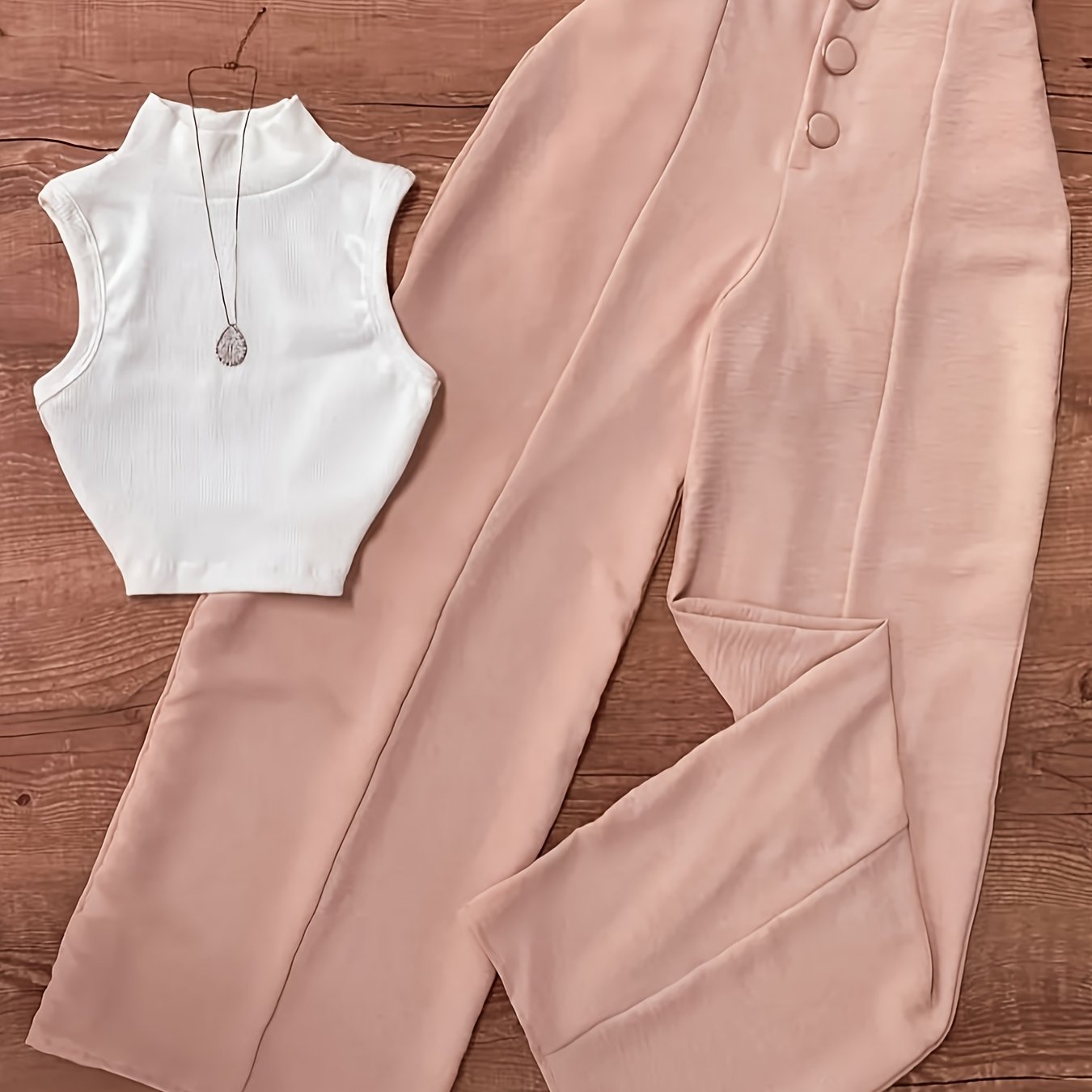 Image of Women's High Neck Tank Top And High Waist Wide Leg Pants Set