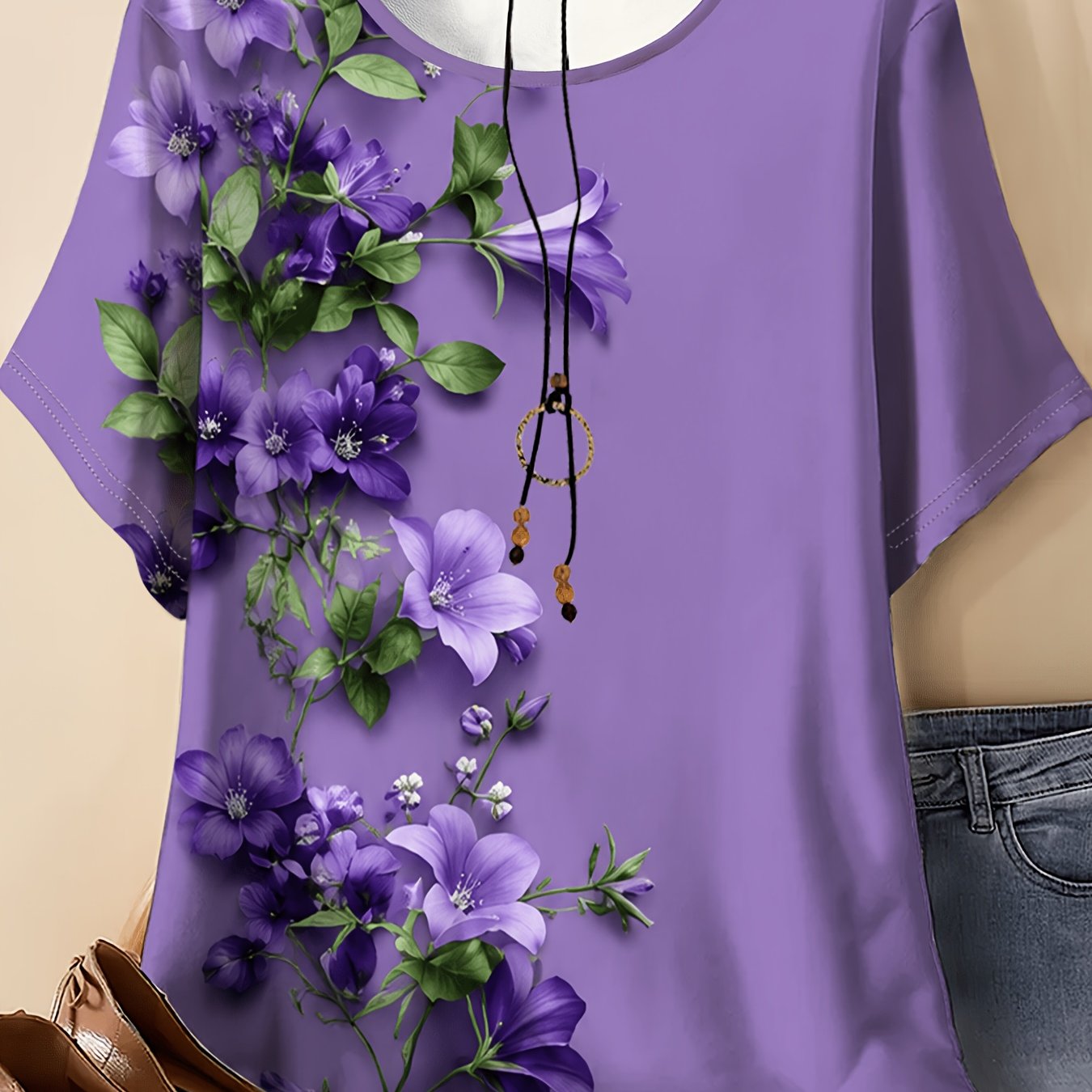 TEMU Plus Size Women's T-shirt, Floral Print Round Neck Short Sleeve Summer Top, Loose Casual Fit For Outdoor Wear, Casual Elegant Summer Top | Print