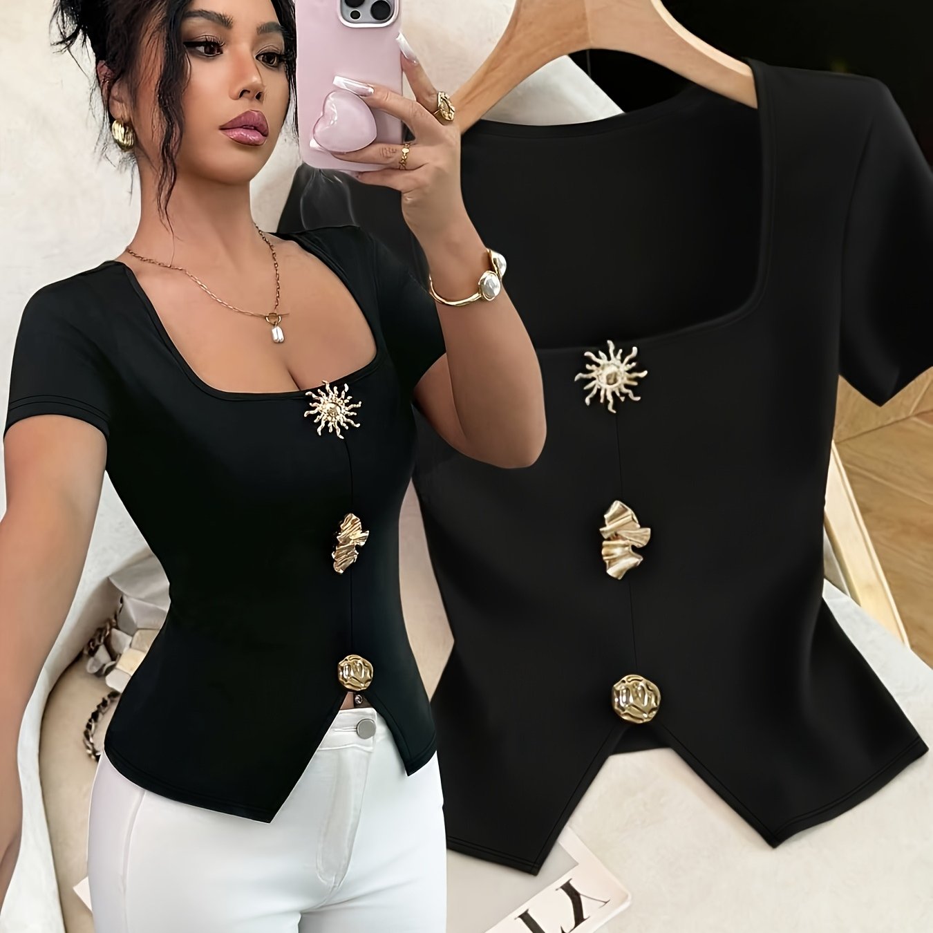 TEMU T-shirt uni à carrée et manches courtes avec motif décoratif, haut court coupe slim