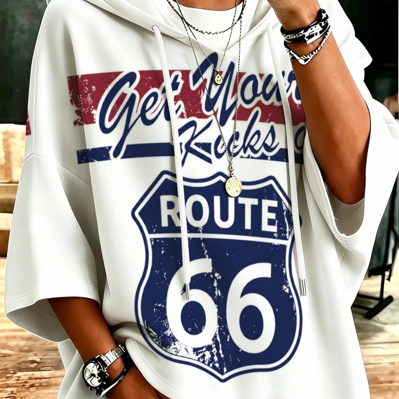 TEMU Plus Size - Size 66 Road Print Hooded Three-quarter Sleeve Top White Loose Lazy Street Casual Sweatshirt