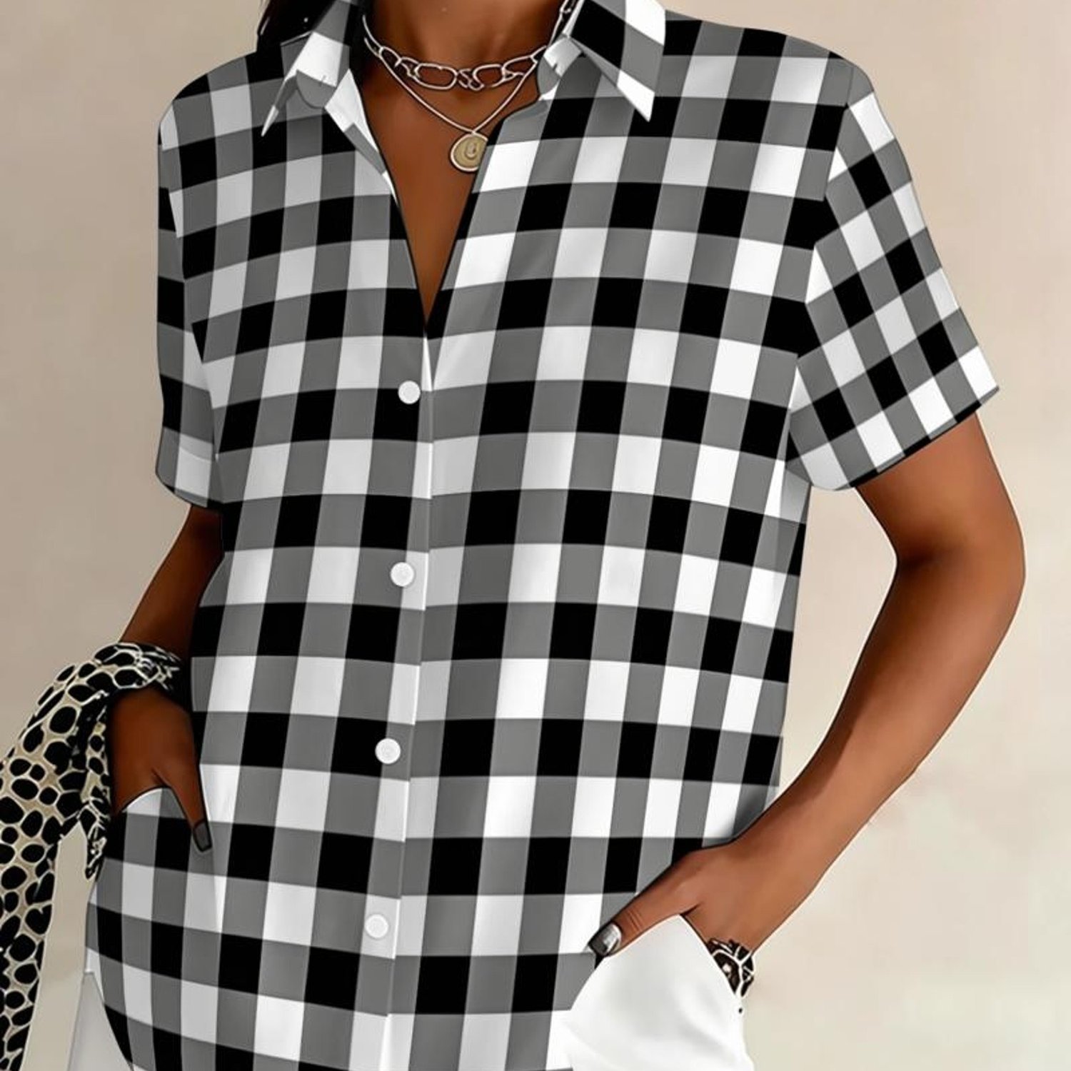 TEMU Plus Size - Western Summer Plus Size Women's Short Sleeve Collared Shirt, Button-up Blouse, And White Checkered Pattern, Design, Suitable For