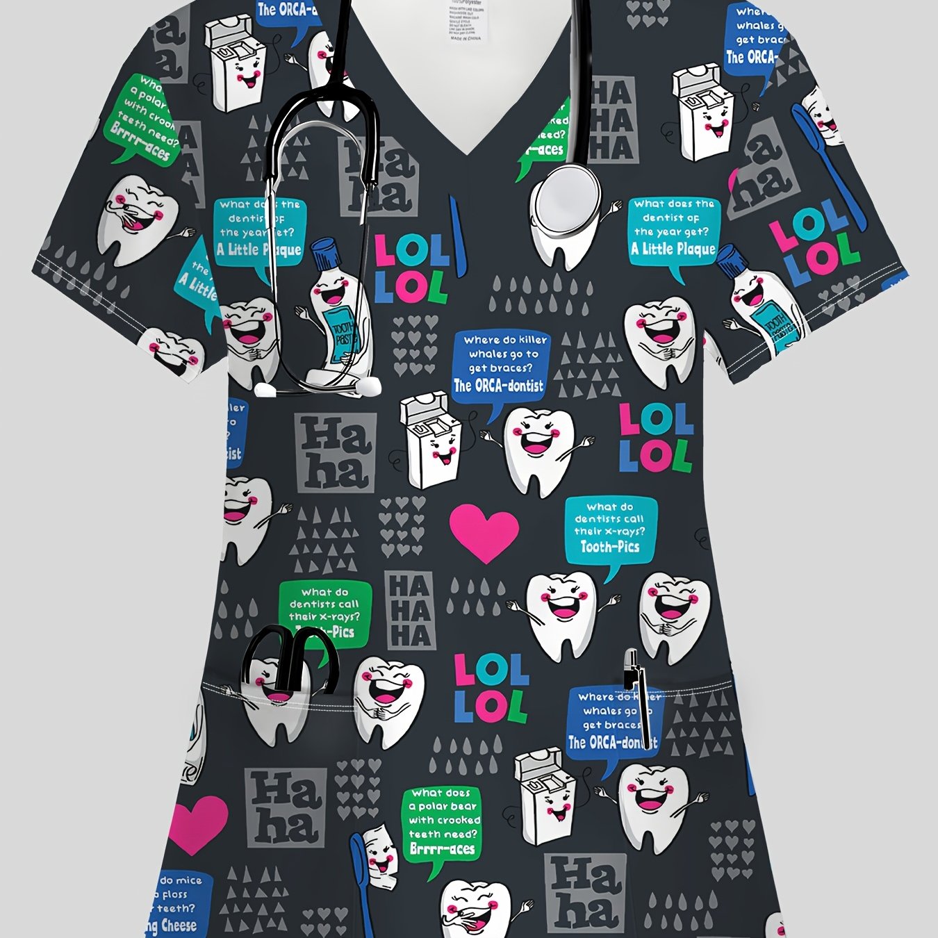 TEMU Women's T-shirt, Dentist Cartoon Print V-neck Short Sleeve T-shirt, Functional Pocket Women's T-shirt, Elegant Dentist Uniform