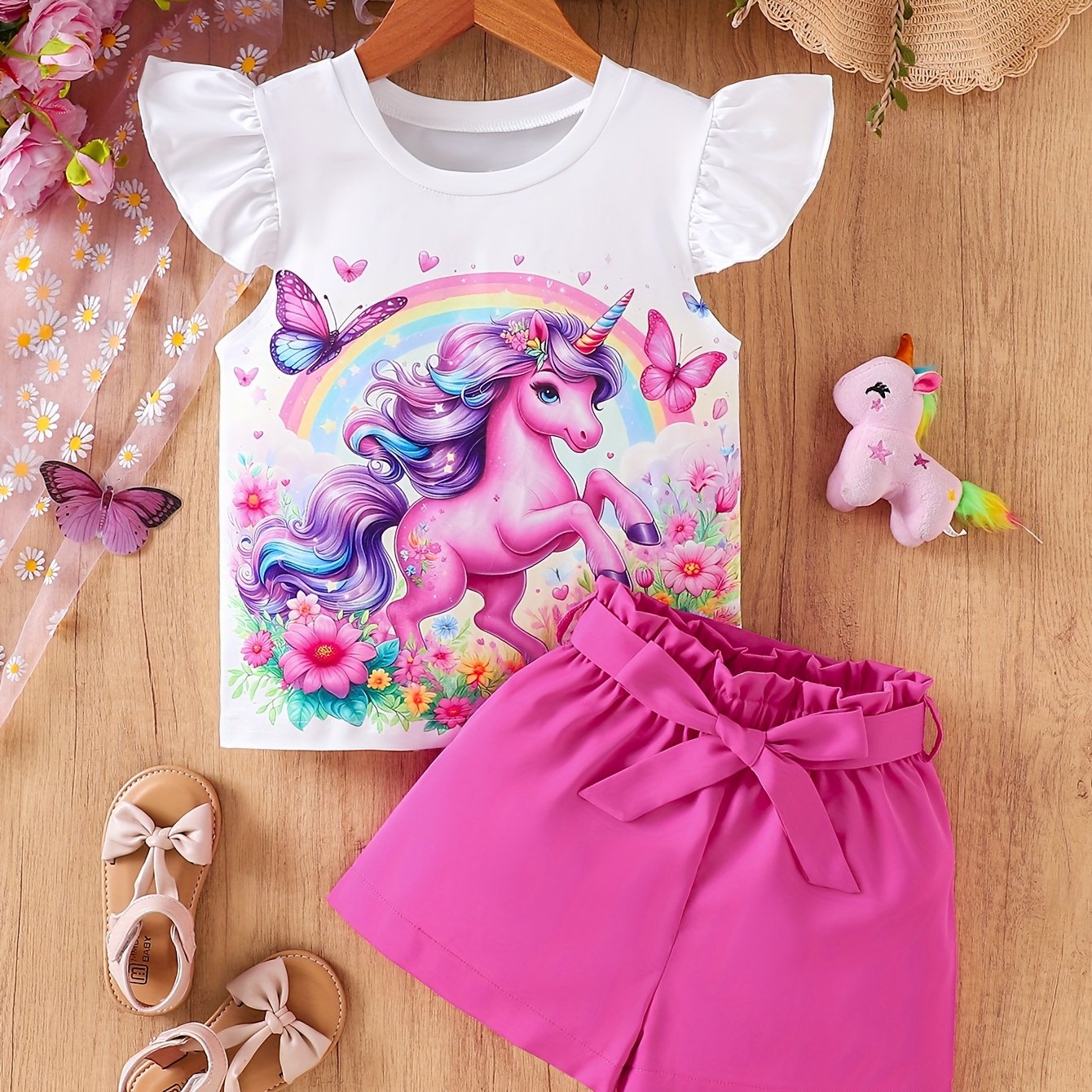 A Summer Outfit For Girls Featuring Flutter Sleeves With A Cartoon Pony Print, With Solid Color Shorts With A Bow, Perfect For Outdoor Leisure