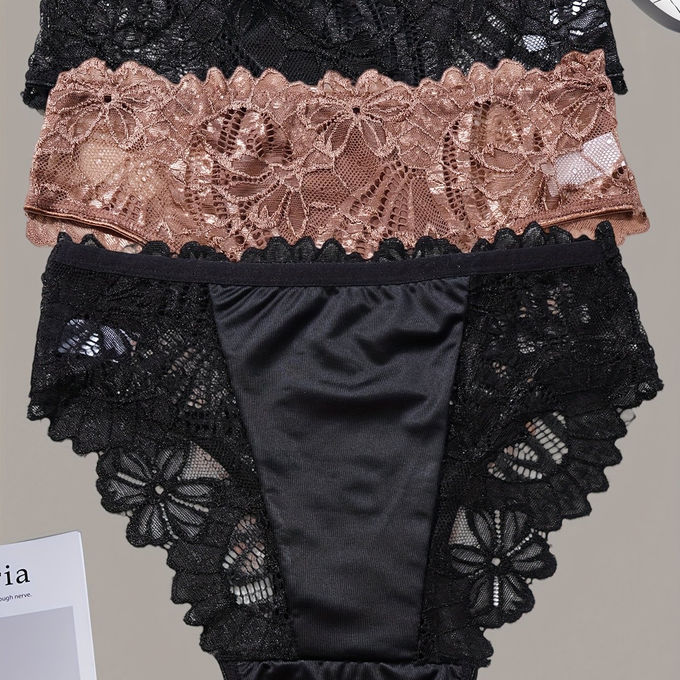 Image of Set Of 3 Women's Satin Panties Featuring Embroidered Floral Designs And Lace Cutouts, Designed For Mid-rise