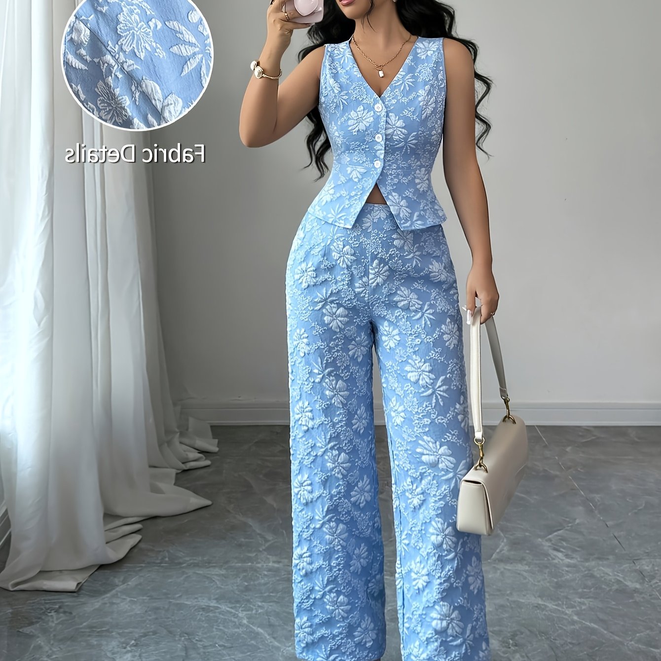 TEMU Zllz Summer New Arrival Women's Summer Daisy Jacquard Vest And Pants 2pcs Set, V-neck Sleeveless Button-up Vest With Straight-leg Long Pants,