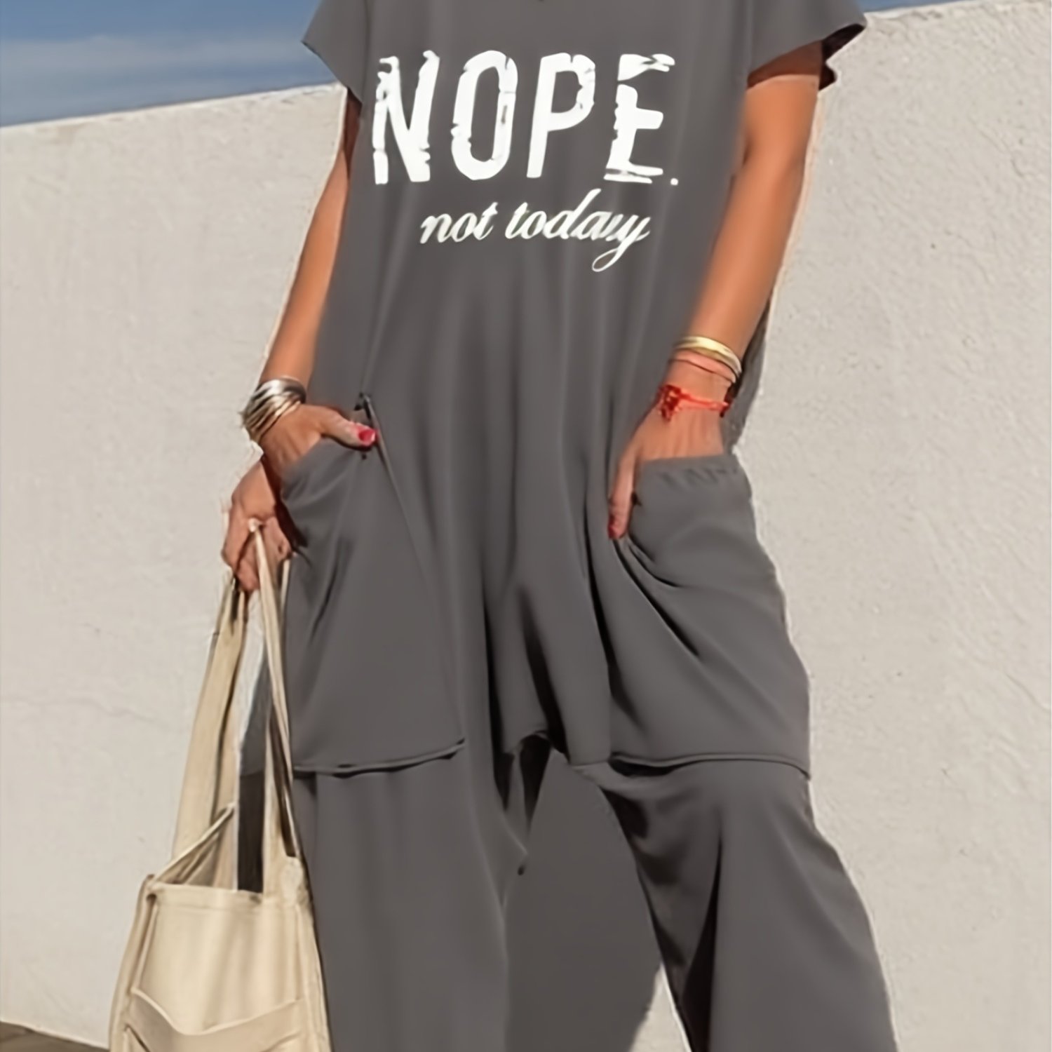 TEMU Women's V-neck Loose-fitting Romper Featuring Pockets - Casual Solid Ideal For Spring/summer, Comfortable And Fashionable, Women's Jumpsuits And