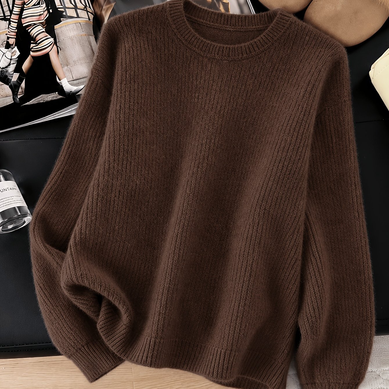 TEMU Women' Color Crew Neck Sweater, Casual Loose Long Sleeve Pullover, Warm Winter Daily Wear Tops