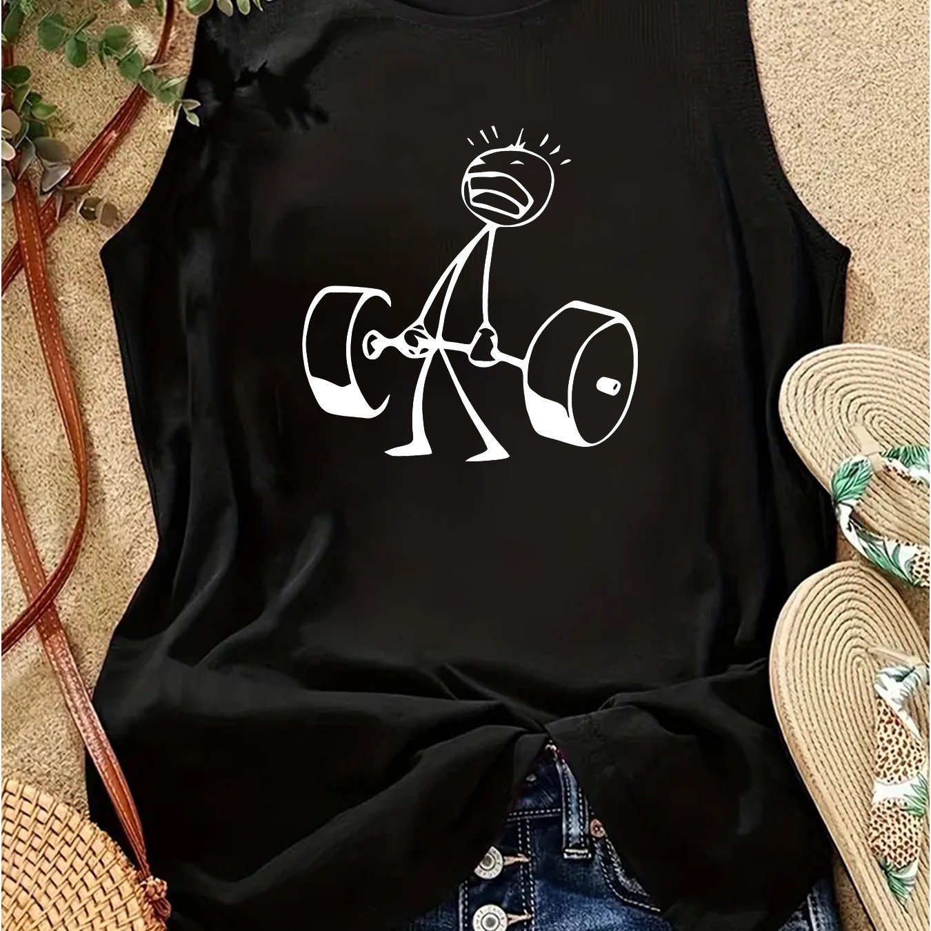 TEMU Fitness-loving Character Print Round-neck Tank Top, A Casual Sleeveless Top For Spring And Summer, Women's Clothing Suitable For