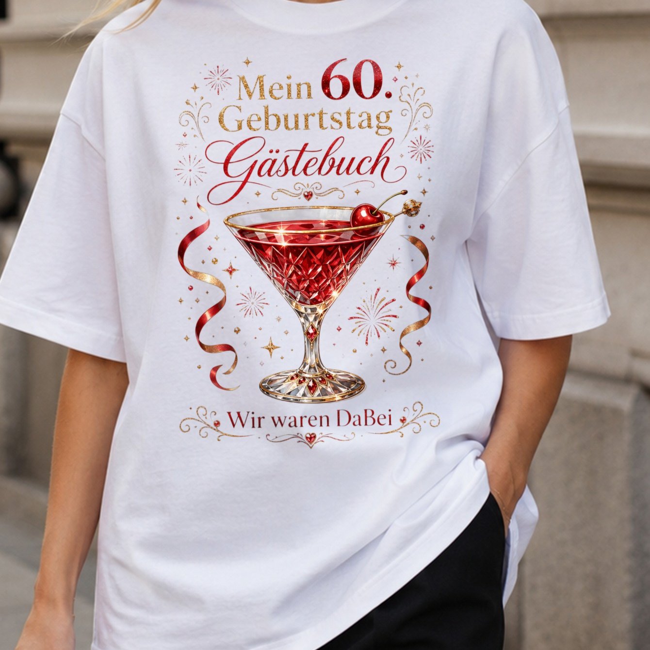 Image of Women's 60th T-shirt - Red Cocktail Cherry Fireworks & Golden Guestbook Suitable For 60 Years Celebration, , Machine Washable Outfit